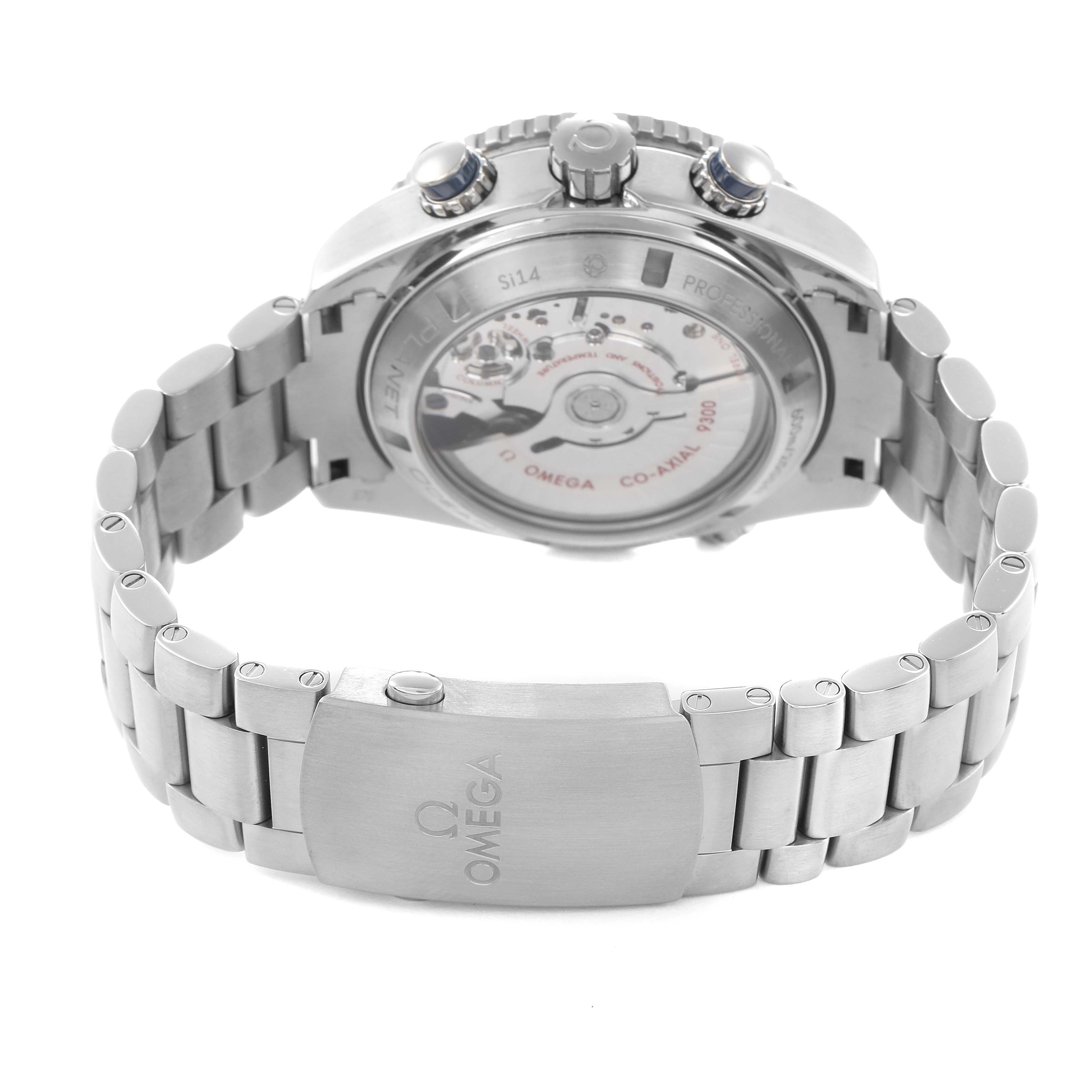 The Omega Planet Ocean 232.90.46.51.03.001 Men
s Titanium Blue Dial watch is shown from the back, displaying the movement through the transparent case back and the stainless steel bracelet.