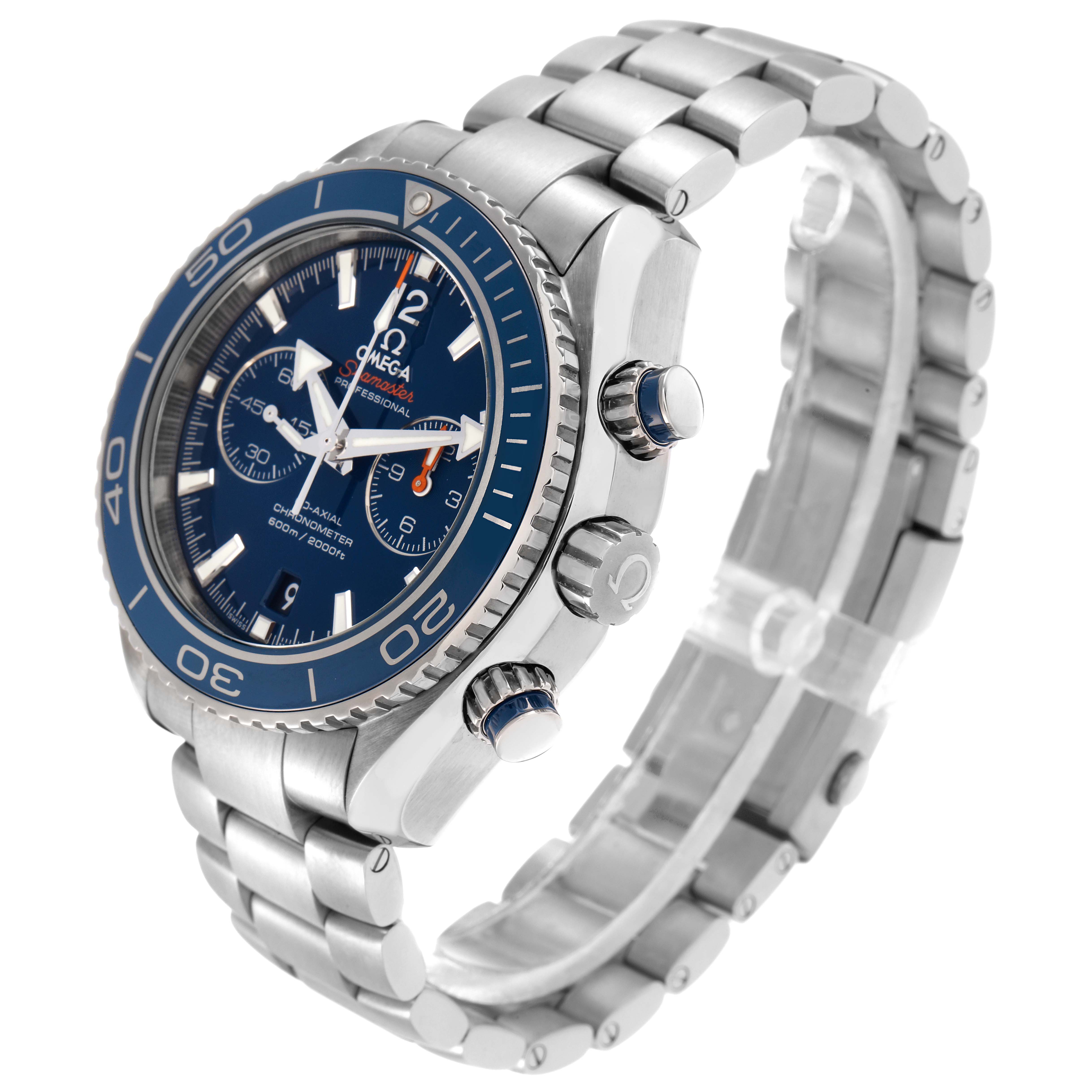 The Omega Planet Ocean 232.90.46.51.03.001 Men
s Titanium Blue Dial watch is shown at a three-quarter angle, highlighting the dial, bezel, crown, and bracelet.