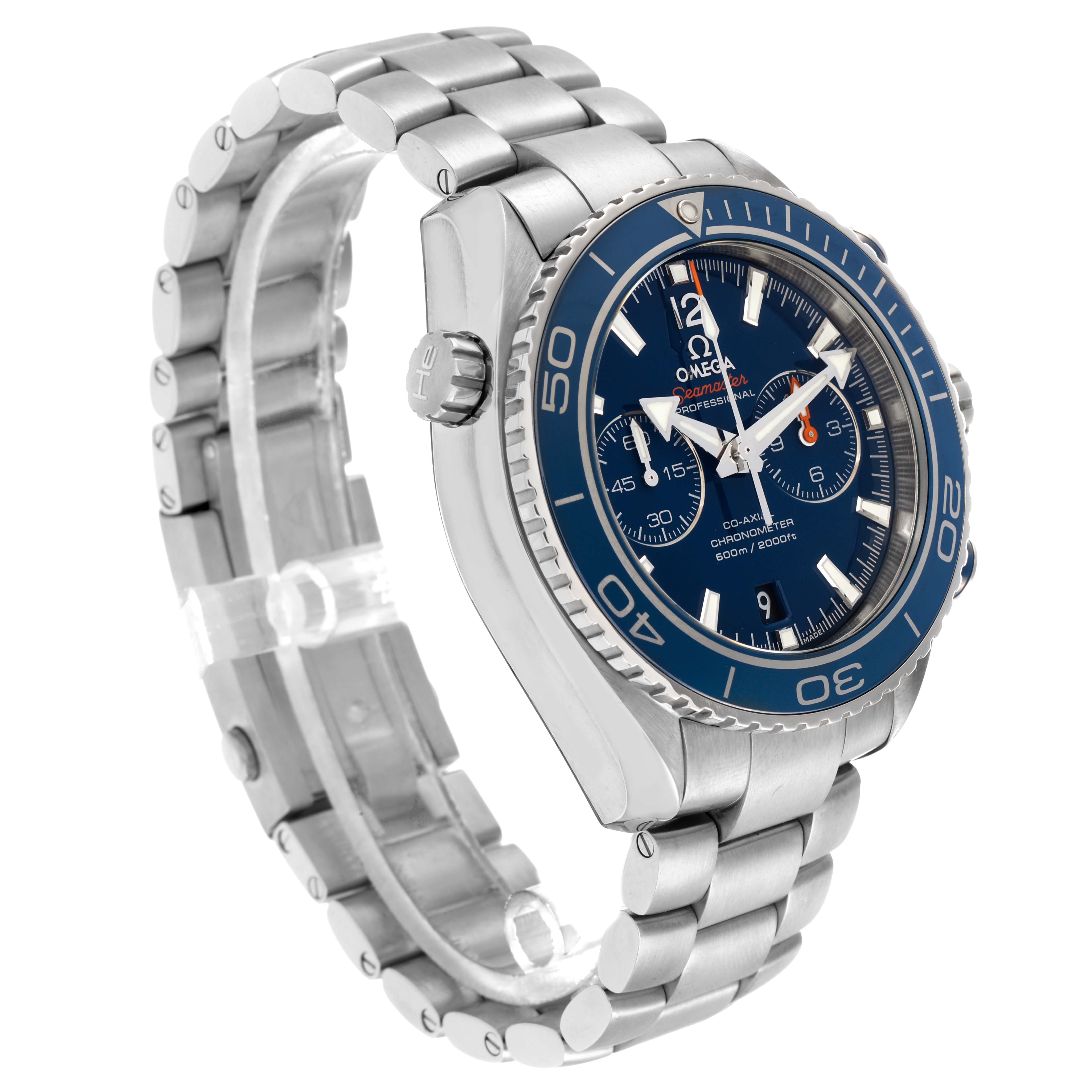 The Omega Planet Ocean 232.90.46.51.03.001 Men
s Titanium Blue Dial watch is shown at a three-quarter angle, highlighting the bracelet, bezel, and chronograph face.
