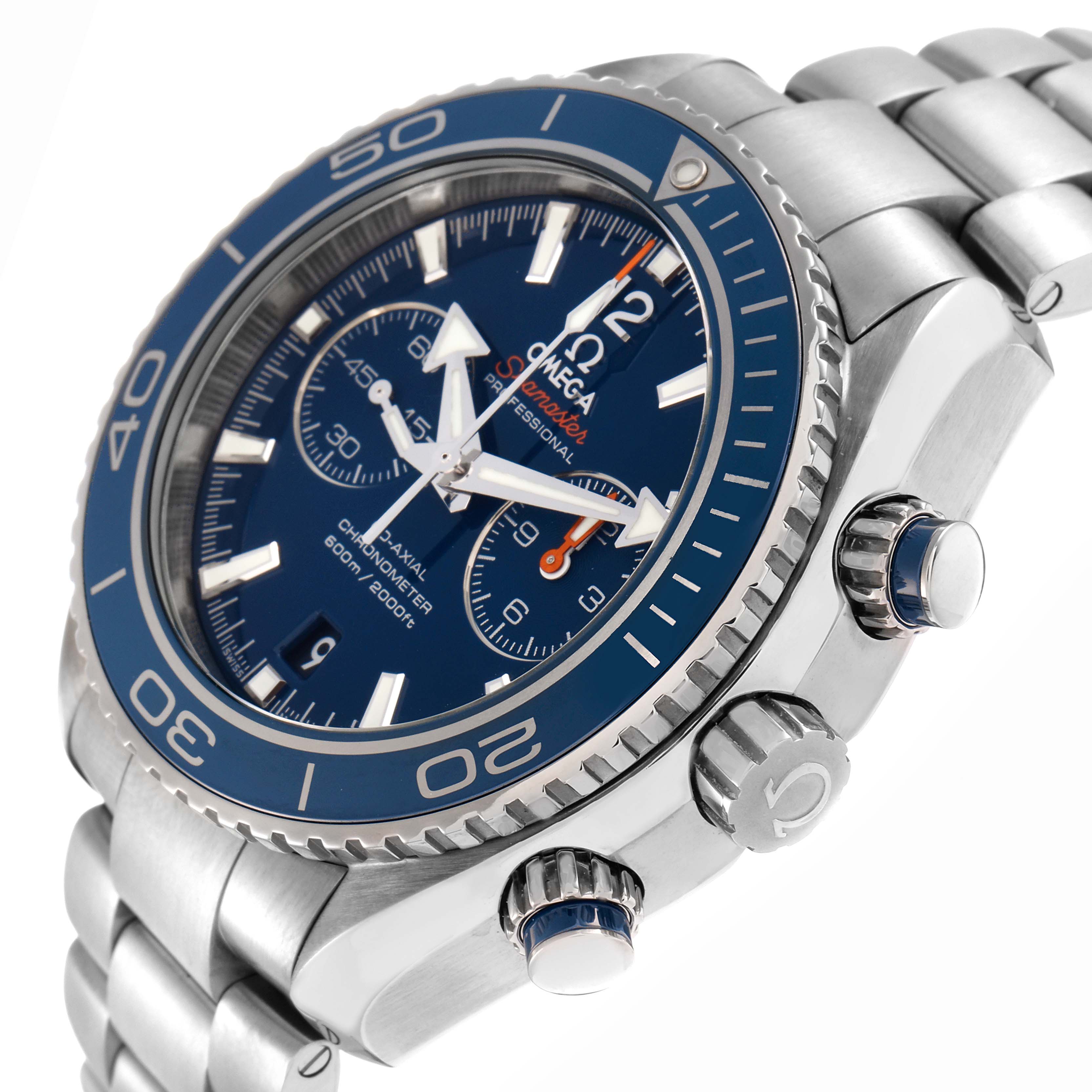 The Omega Planet Ocean 232.90.46.51.03.001 Men
s Titanium Blue Dial watch is shown from a side angle, highlighting the bezel, crown, and bracelet.