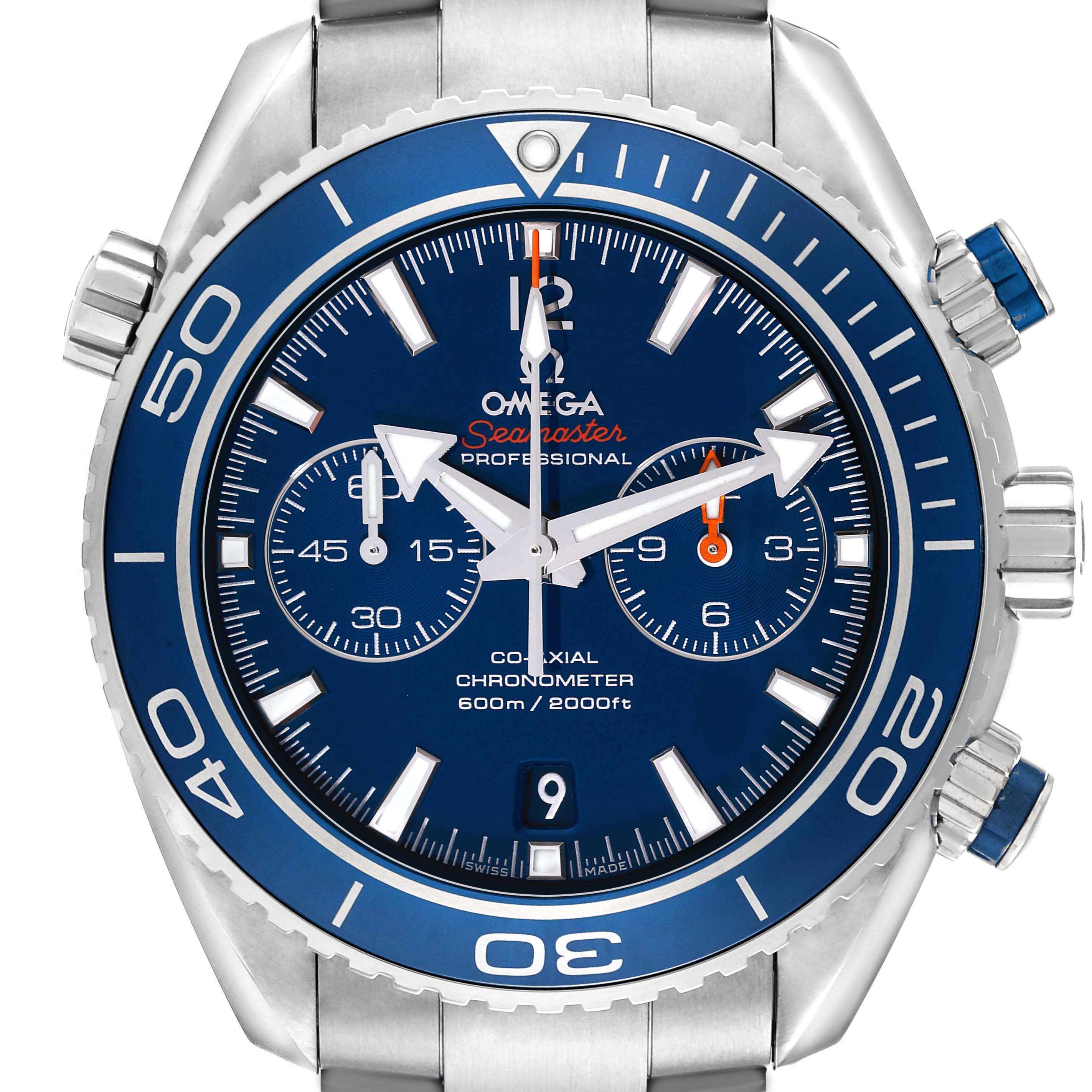 The Omega Planet Ocean 232.90.46.51.03.001 Men
s Titanium Blue Dial watch is shown from the front, highlighting its face, bezel, crown, and pushers.