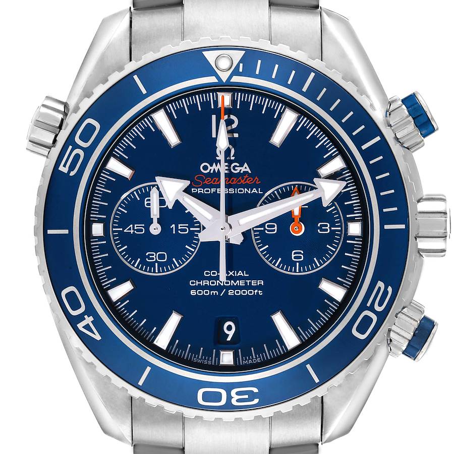 The Omega Planet Ocean 232.90.46.51.03.001 Men's Titanium Blue Dial watch is shown from the front, highlighting its face, bezel, crown, and pushers.
