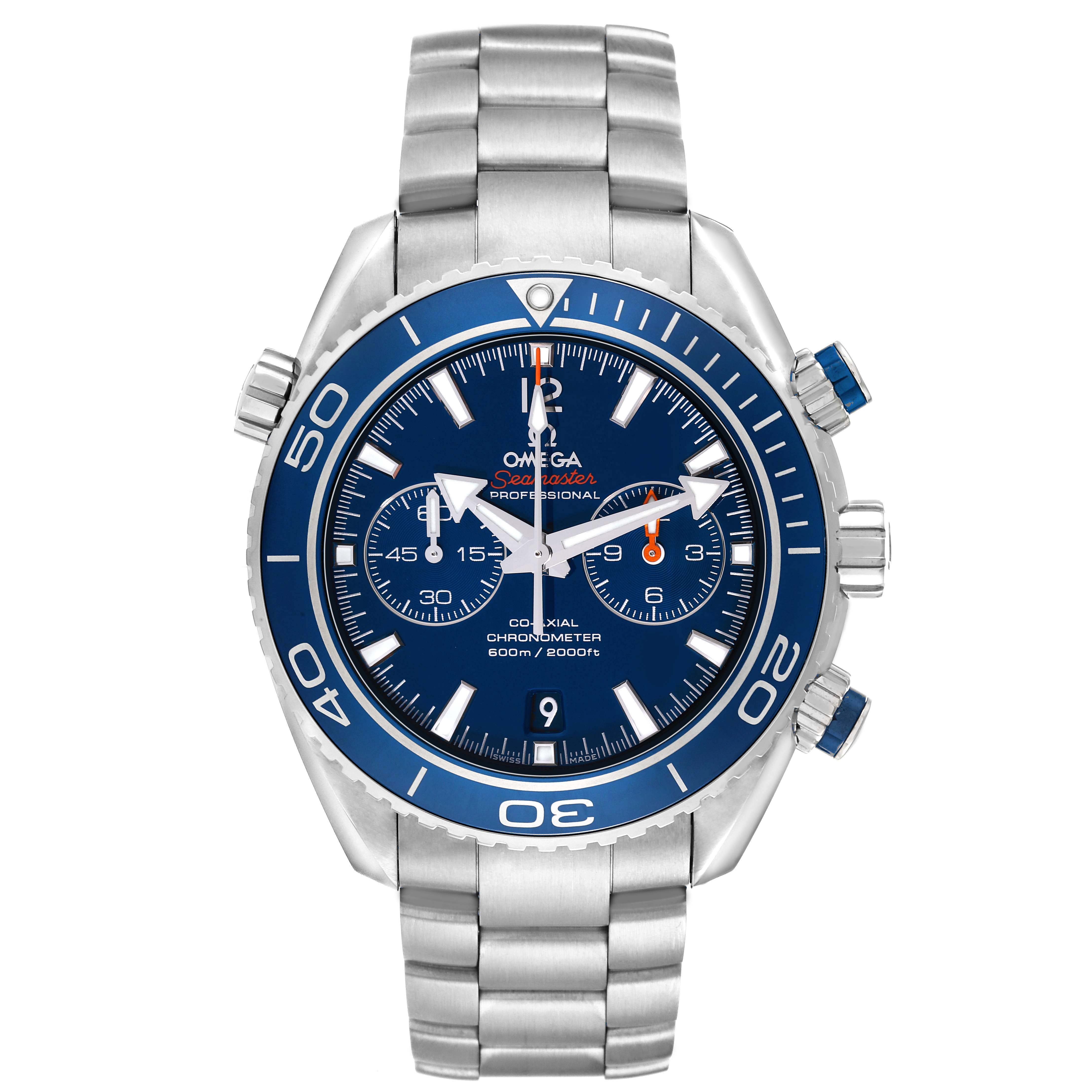 This Omega Planet Ocean 232.90.46.51.03.001 Men
s Titanium Blue Dial watch is shown from the front, highlighting the blue dial, bezel, chronograph subdials, and stainless steel bracelet.