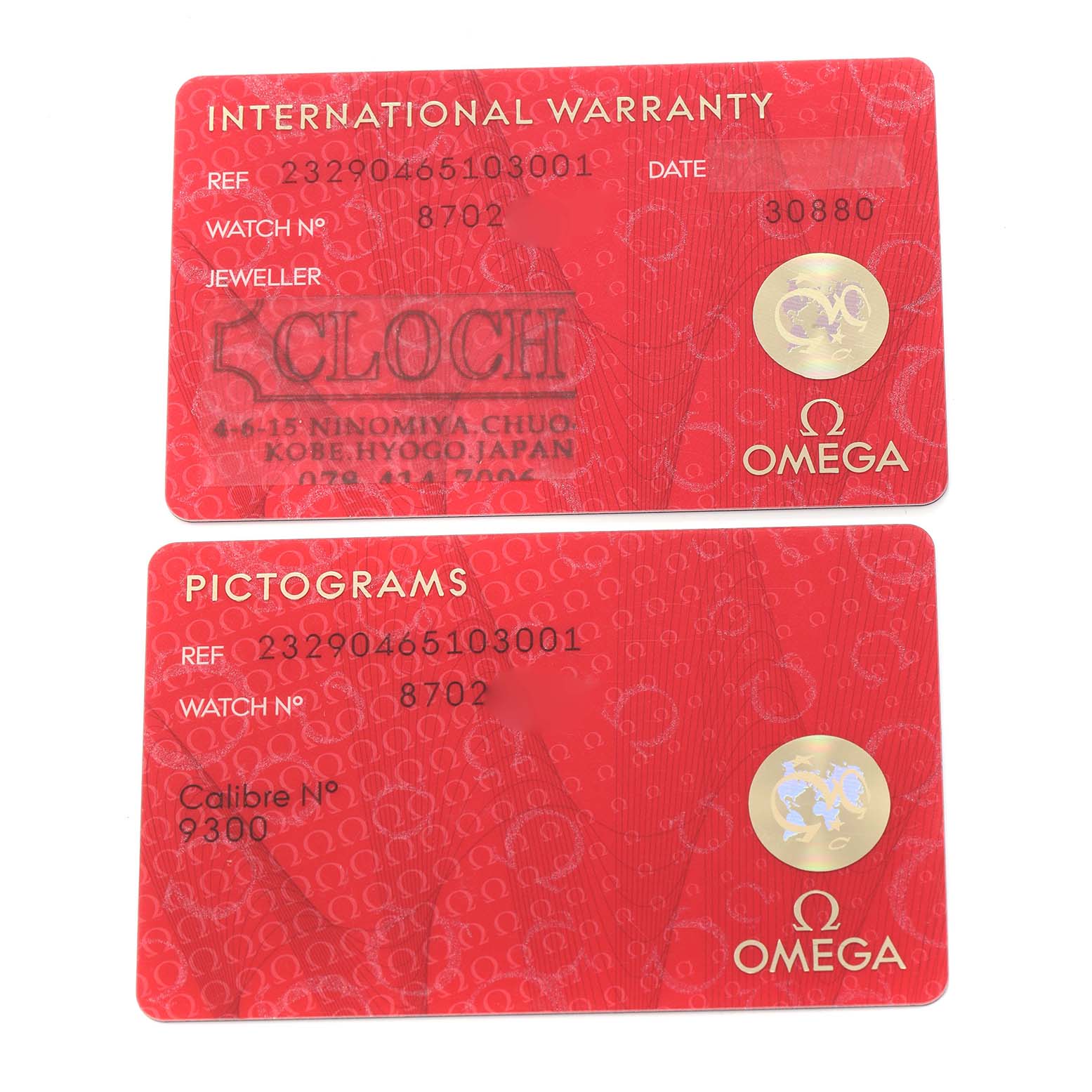 The image shows the international warranty and pictogram cards for the Omega Planet Ocean 232.90.46.51.03.001 Men
s Titanium Blue Dial model, viewed from above.