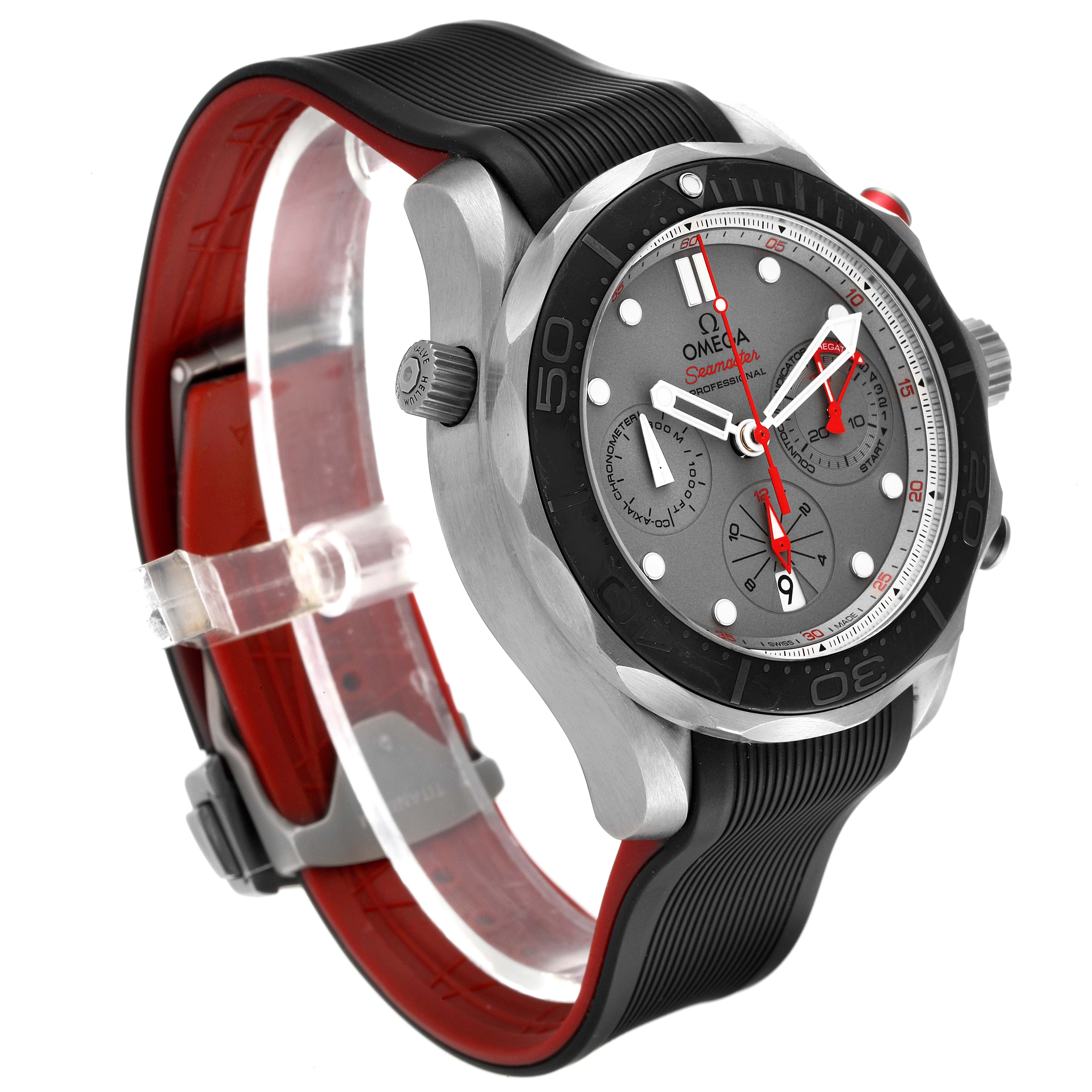 The image shows an angled view of the Omega Seamaster 212.92.44.50.99.001 Men's Titanium Grey Dial 212.92.44.50.99.001 Men's Titanium Grey Dial watch, highlighting the dial, bezel, and red and black strap.