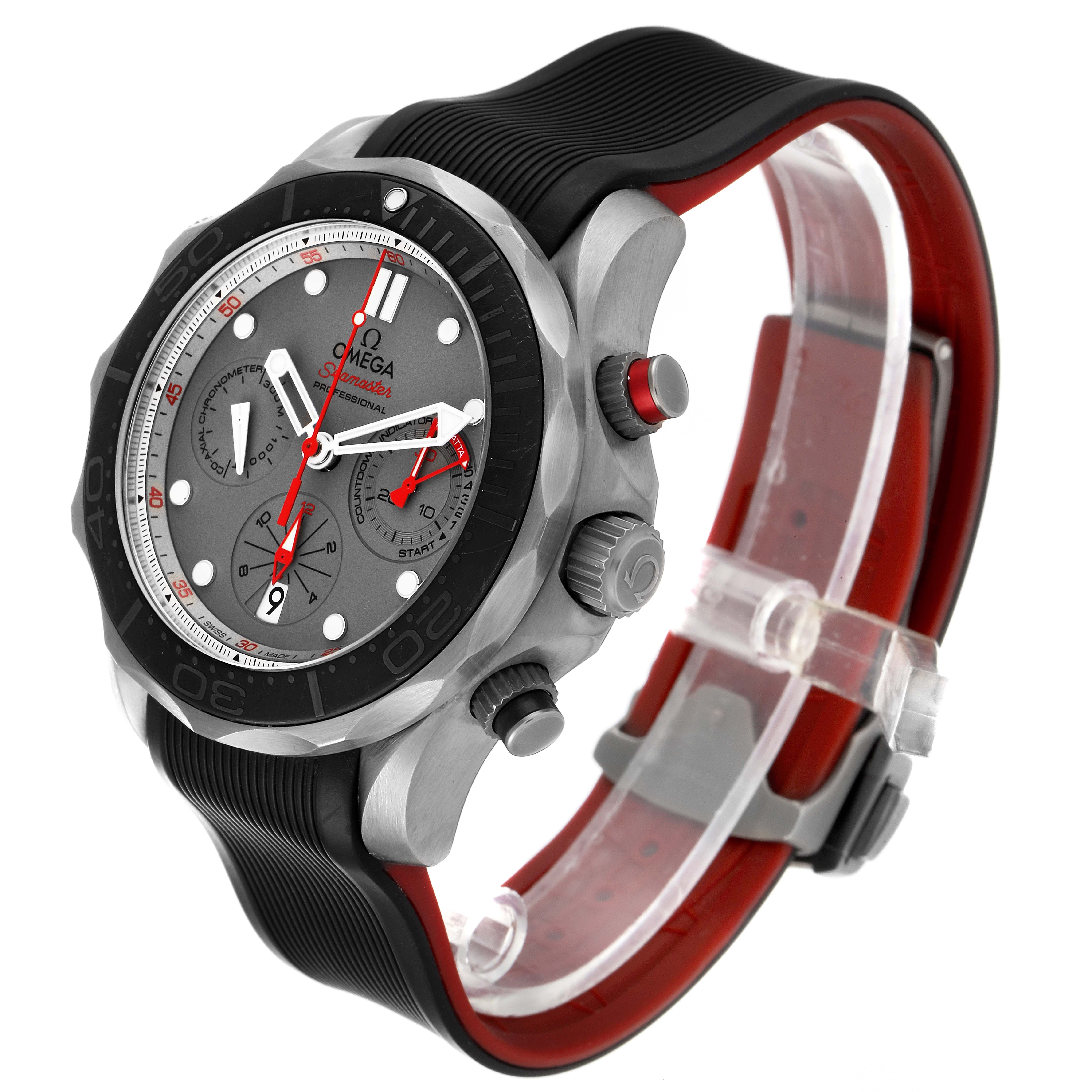 This Omega Seamaster 212.92.44.50.99.001 Men's Titanium Grey Dial 212.92.44.50.99.001 Men's Titanium Grey Dial watch is shown at a front-left angle, displaying the face, buttons, and band.