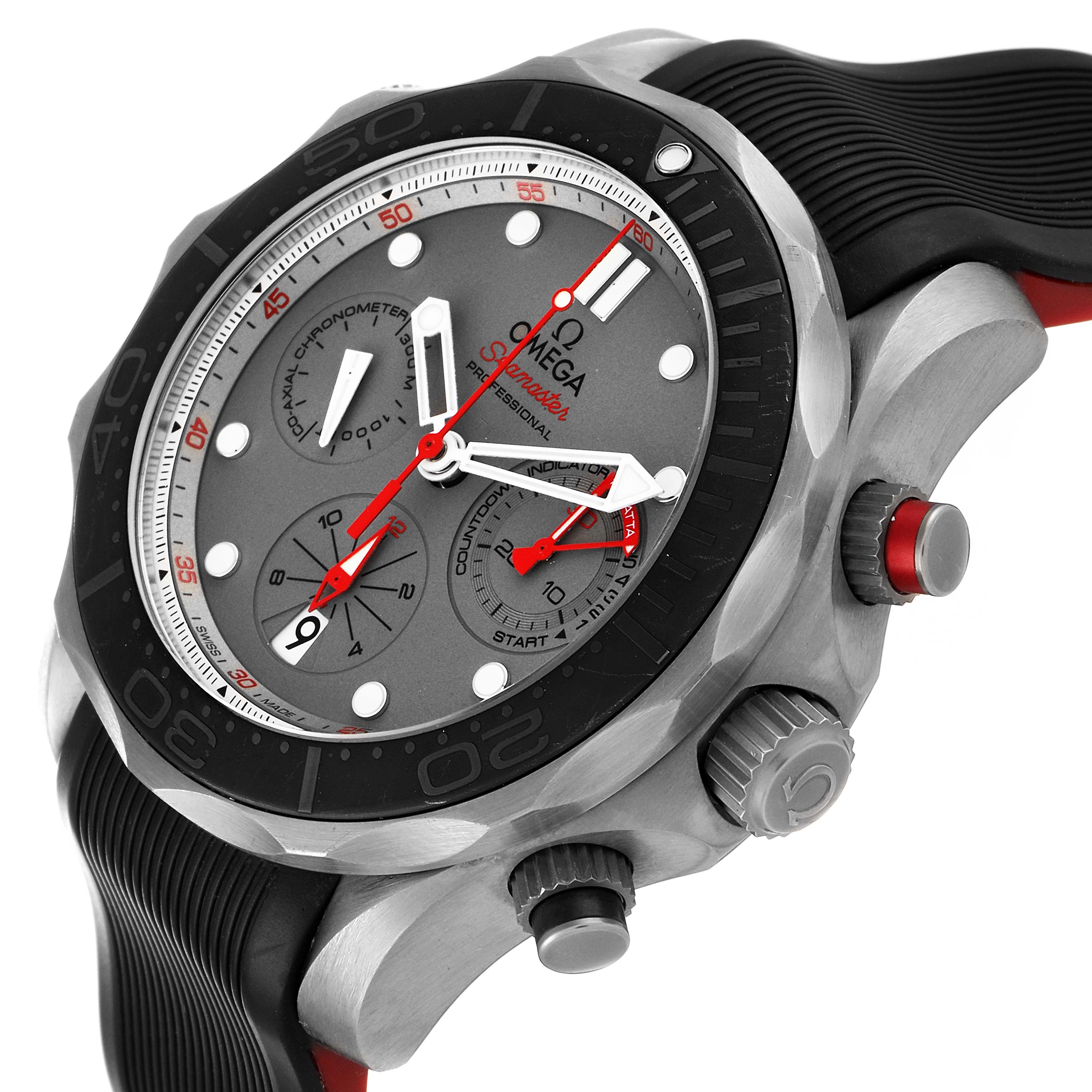 The image shows an Omega Seamaster 212.92.44.50.99.001 Men's Titanium Grey Dial 212.92.44.50.99.001 Men's Titanium Grey Dial watch from a top-side angle, highlighting the bezel, dial, and chronograph pushers.