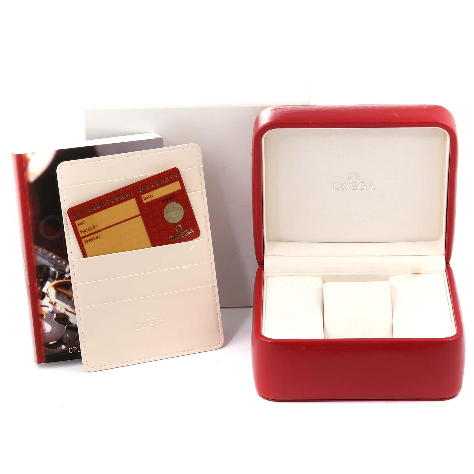 The image shows an Omega Seamaster 2223.80.00 Men's Stainless Steel Blue Dial 2223.80.00 Men's Stainless Steel Blue Dial watch box, a warranty card, and a user manual.