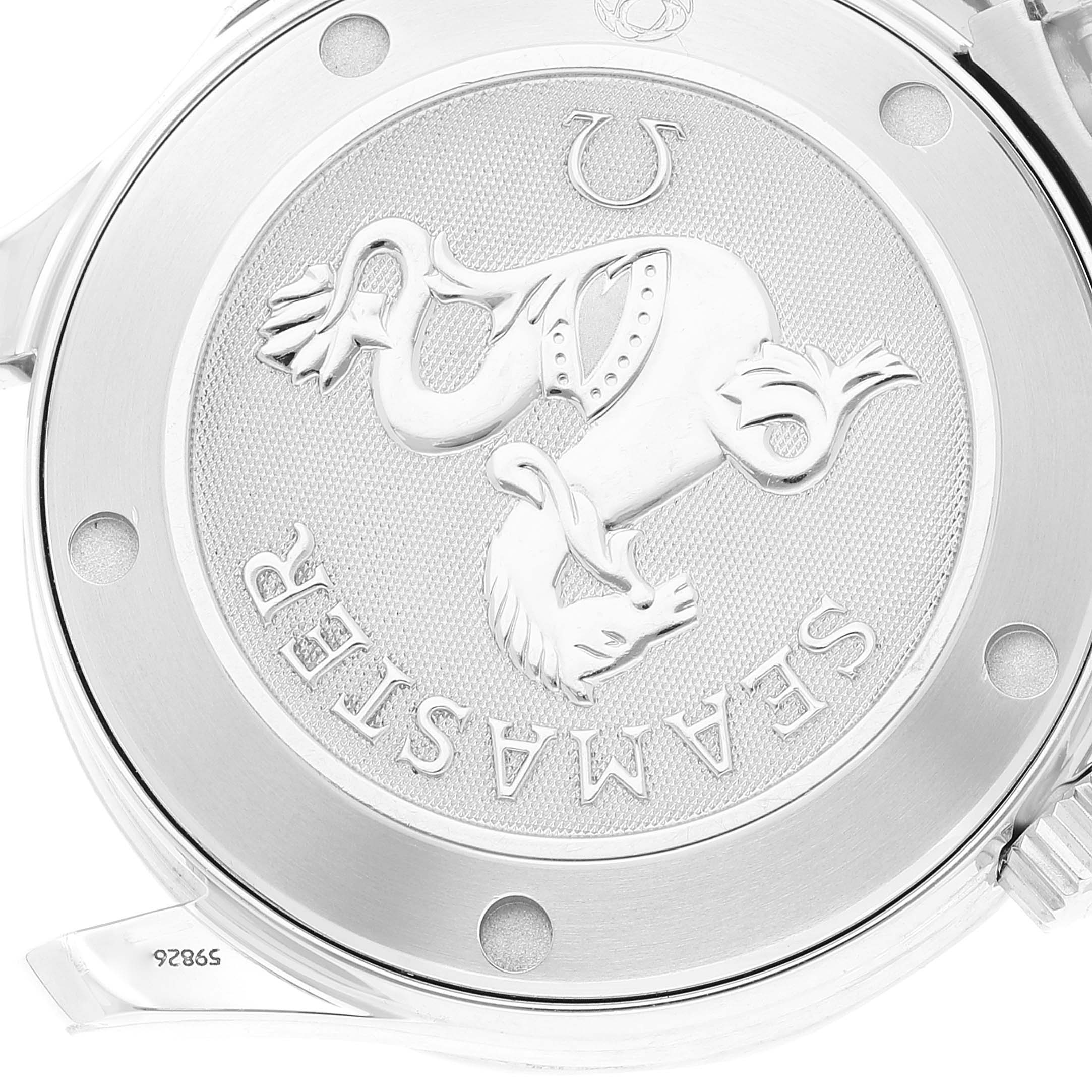 The image shows the back case of an Omega Seamaster 2223.80.00 Men's Stainless Steel Blue Dial 2223.80.00 Men's Stainless Steel Blue Dial watch, featuring a detailed engraving and the model name.