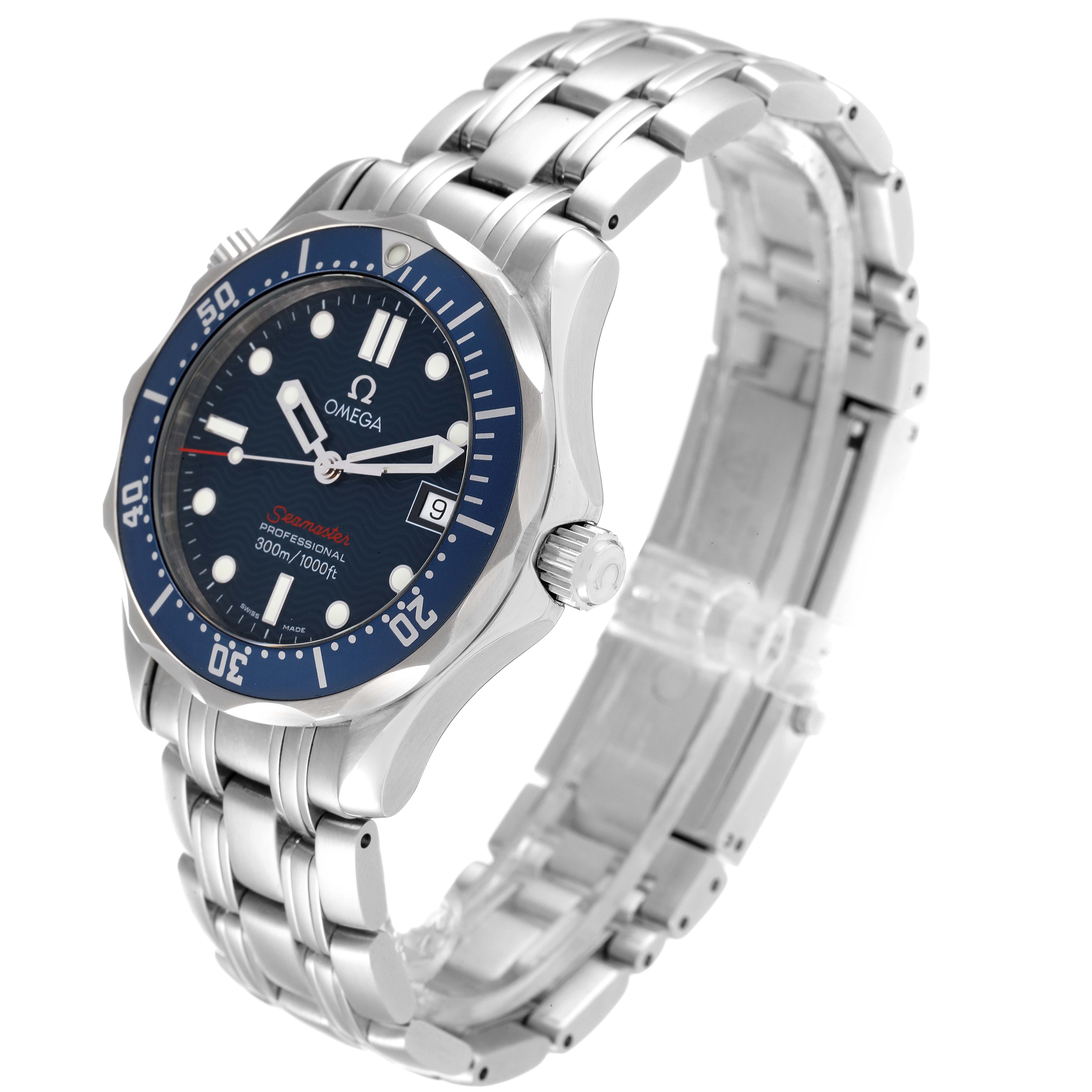 The Omega Seamaster 2223.80.00 Men's Stainless Steel Blue Dial 2223.80.00 Men's Stainless Steel Blue Dial watch is shown at a three-quarter angle, displaying the face, bezel, crown, and stainless steel bracelet.