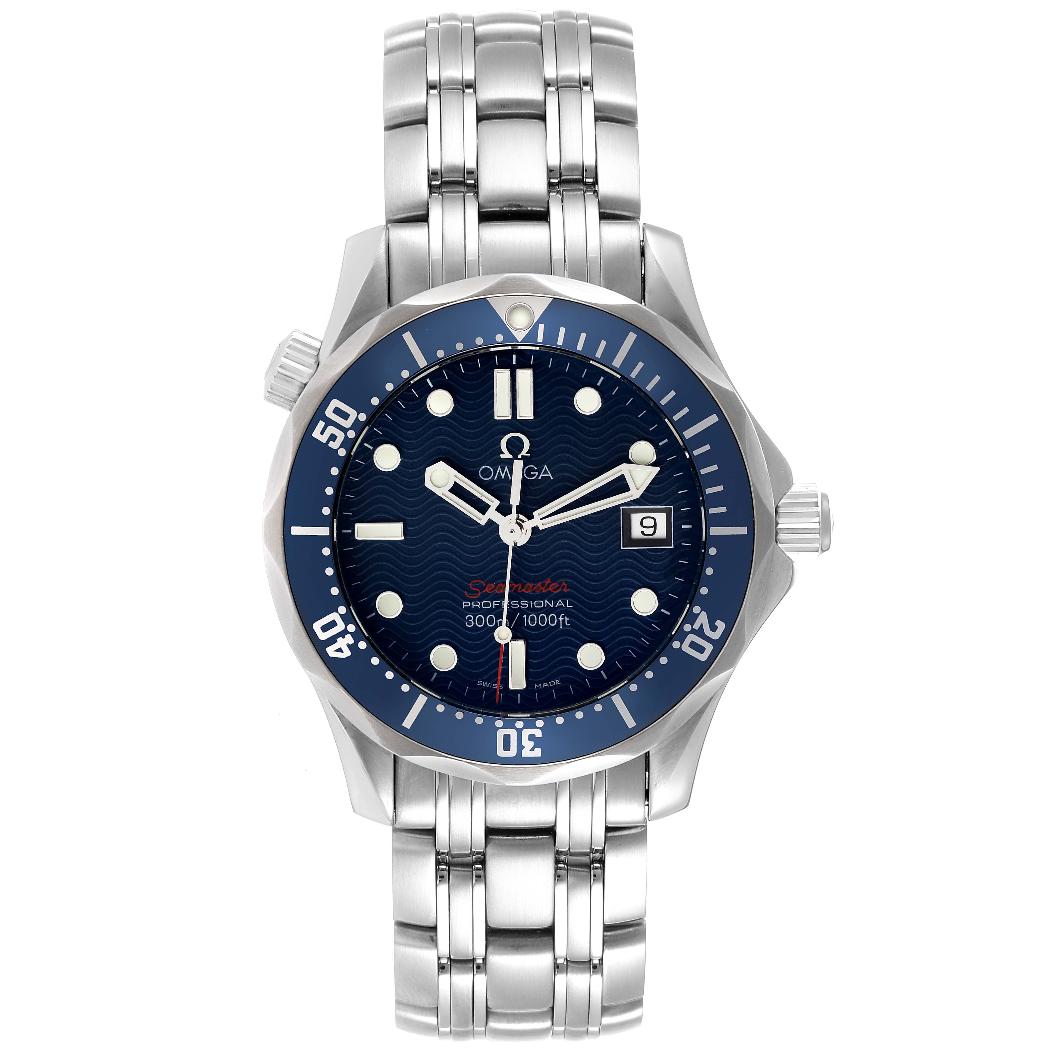 This Omega Seamaster 2223.80.00 Men's Stainless Steel Blue Dial 2223.80.00 Men's Stainless Steel Blue Dial watch is shown from the front, displaying the face, bezel, and band.