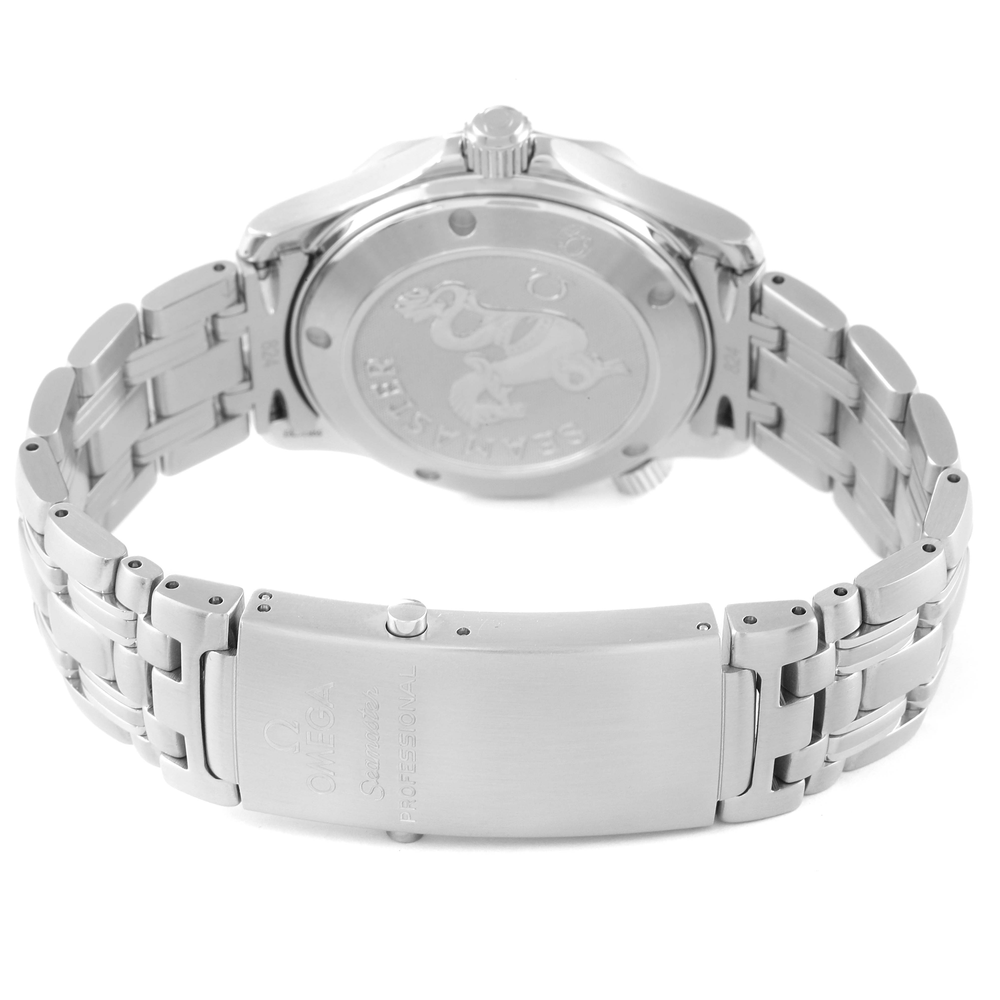 The image shows the back case and clasp of an Omega Seamaster 2223.80.00 Men's Stainless Steel Blue Dial 2223.80.00 Men's Stainless Steel Blue Dial watch at a rear angle.