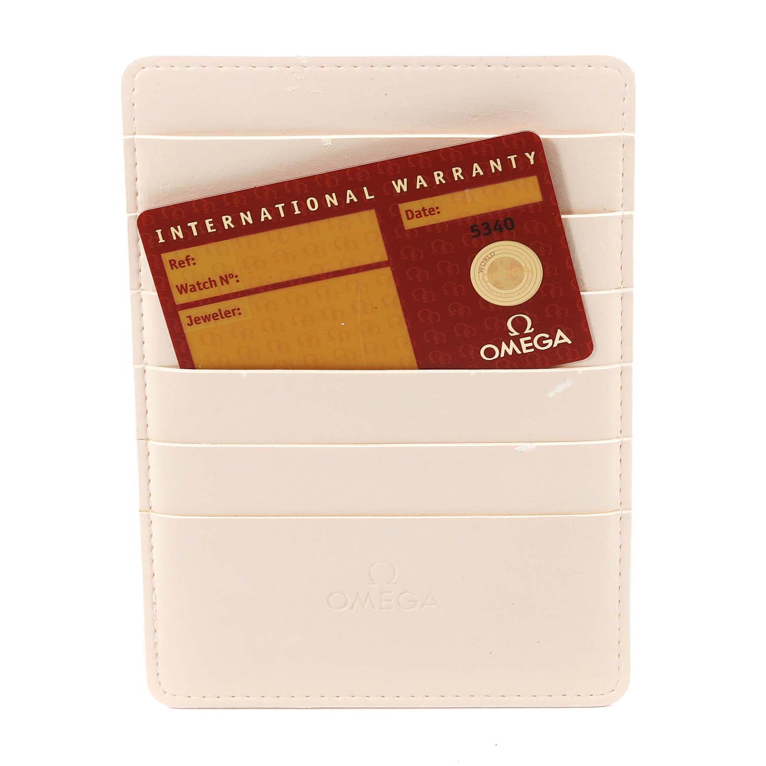 The image shows an Omega Seamaster 2223.80.00 Men's Stainless Steel Blue Dial 2223.80.00 Men's Stainless Steel Blue Dial International Warranty card in a white holder, viewed from the front.