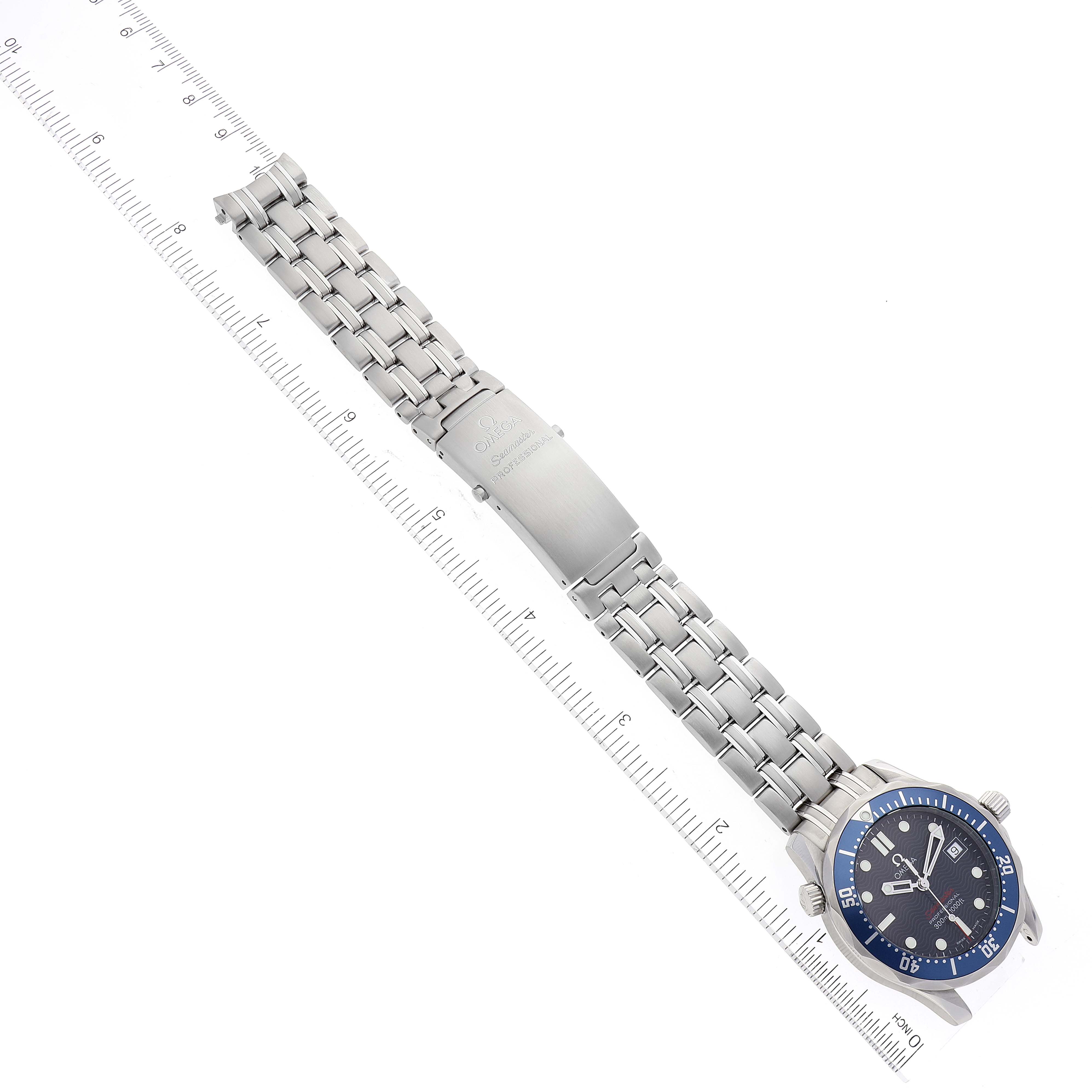 The image shows an Omega Seamaster 2223.80.00 Men's Stainless Steel Blue Dial 2223.80.00 Men's Stainless Steel Blue Dial watch at an overhead angle, featuring the bezel, dial, and stainless steel bracelet with clasp.