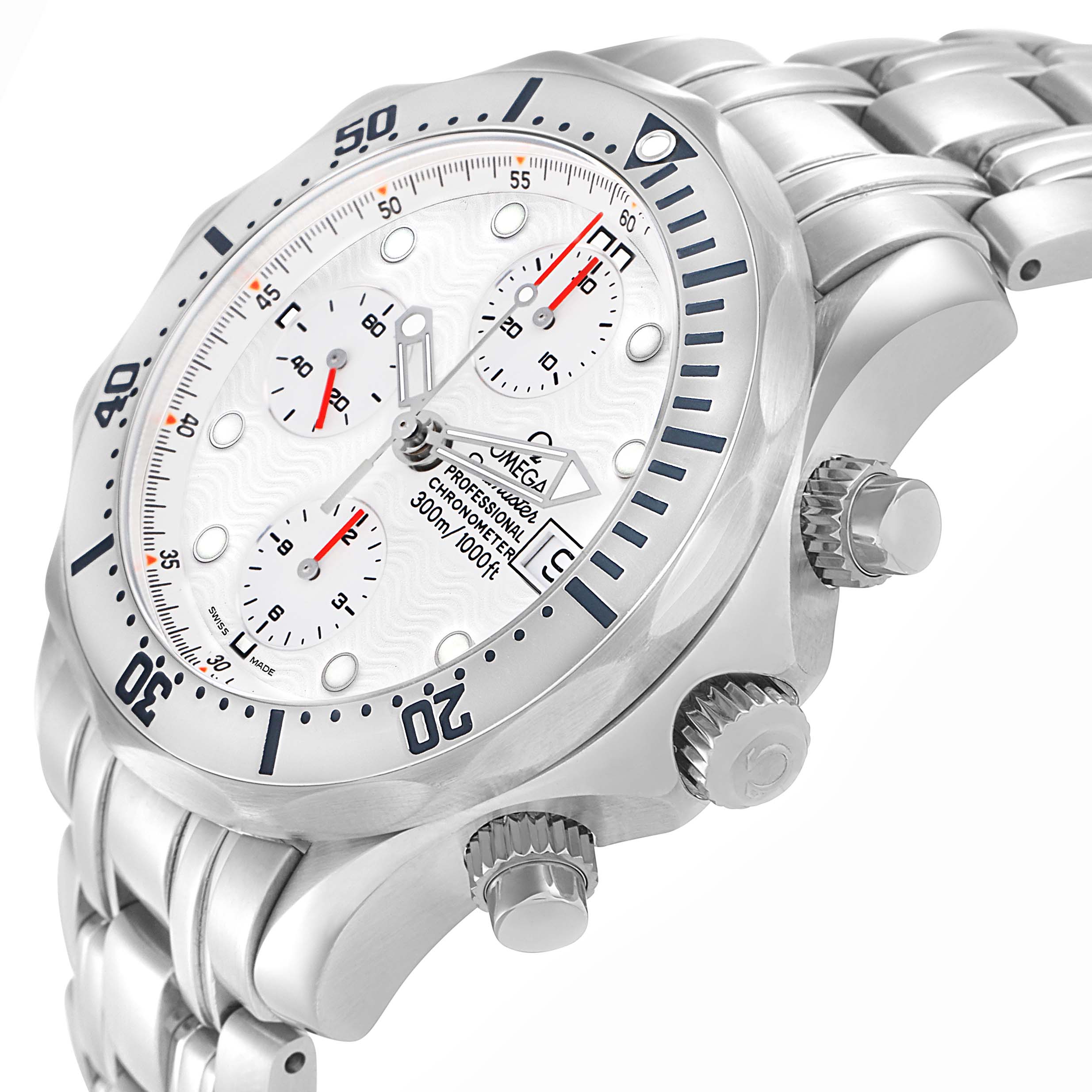 The Omega Seamaster 2598.20.00 Men
s Stainless Steel White Dial is shown from a side angle highlighting the bezel, crown, chronograph pushers, and part of the bracelet.