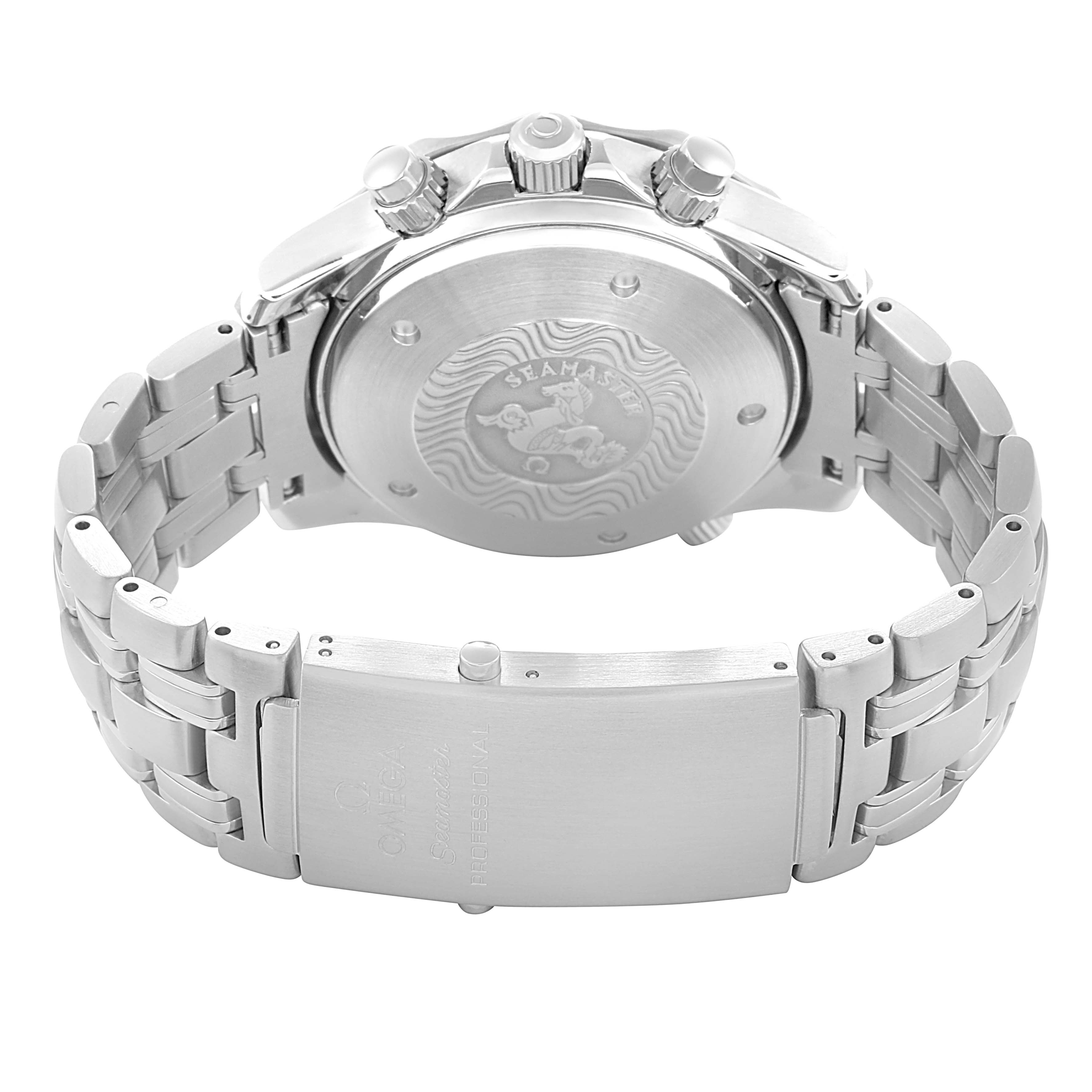 The image shows the back case, crown, pushers, and bracelet clasp of the Omega Seamaster 2598.20.00 Men
s Stainless Steel White Dial watch.