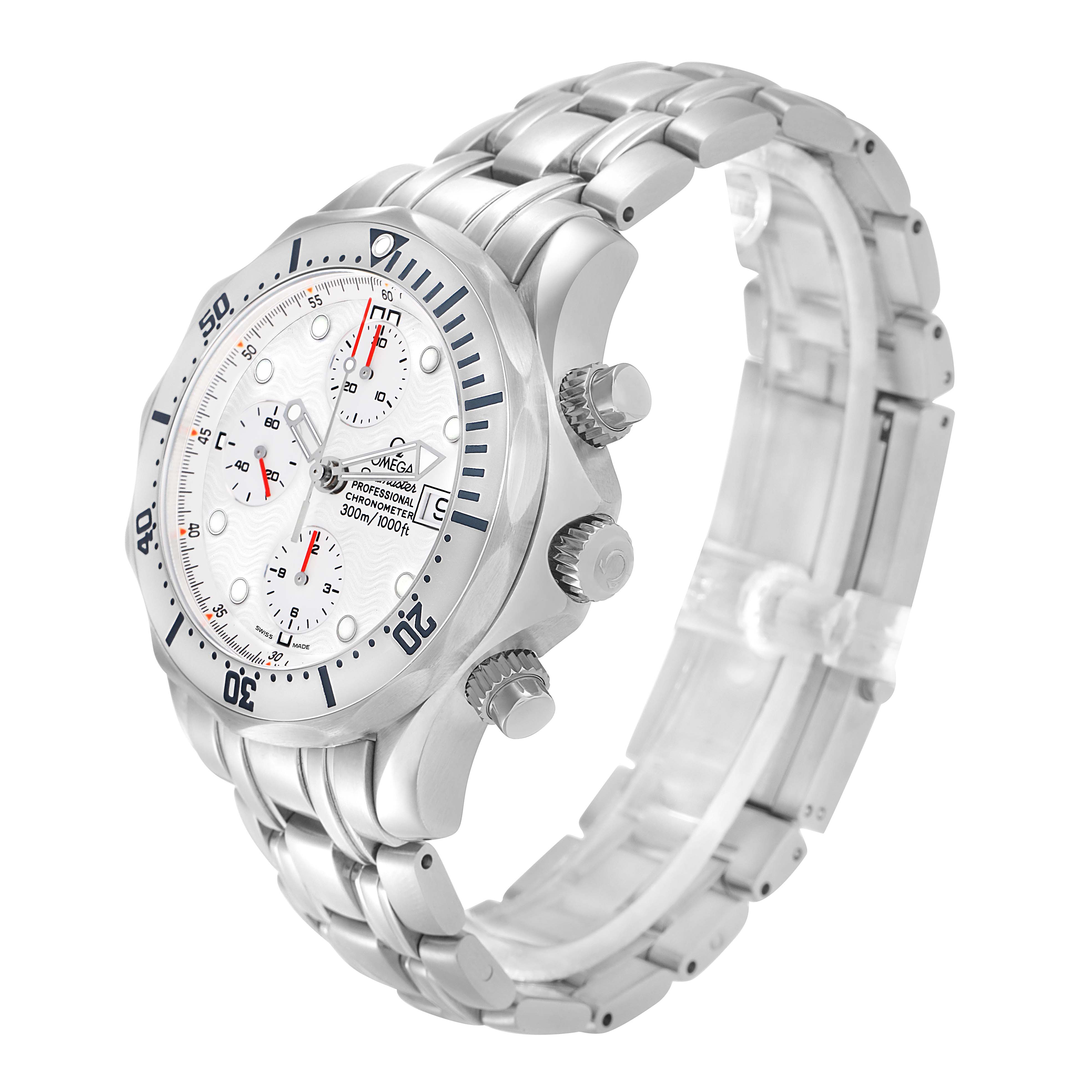 The Omega Seamaster 2598.20.00 Men
s Stainless Steel White Dial watch is shown at a three-quarter angle, displaying the face, chronograph dials, and metal bracelet.
