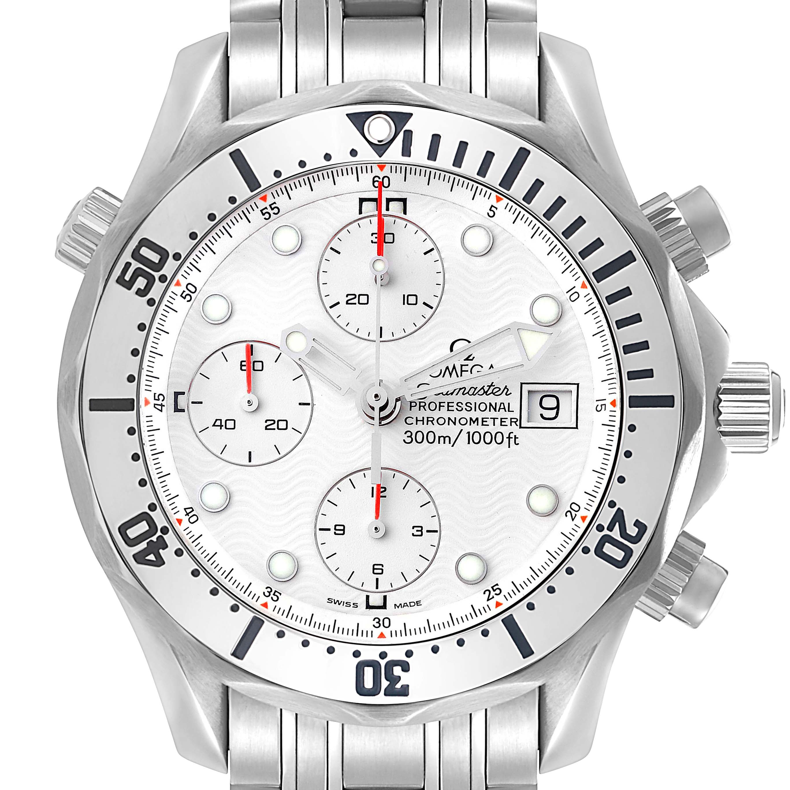 The Omega Seamaster 2598.20.00 Men
s Stainless Steel White Dial watch is shown from a top-down angle, displaying the bezel, dial, and bracelet.