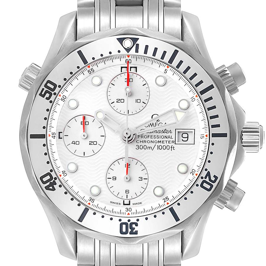 The Omega Seamaster 2598.20.00 Men's Stainless Steel White Dial watch is shown from a top-down angle, displaying the bezel, dial, and bracelet.