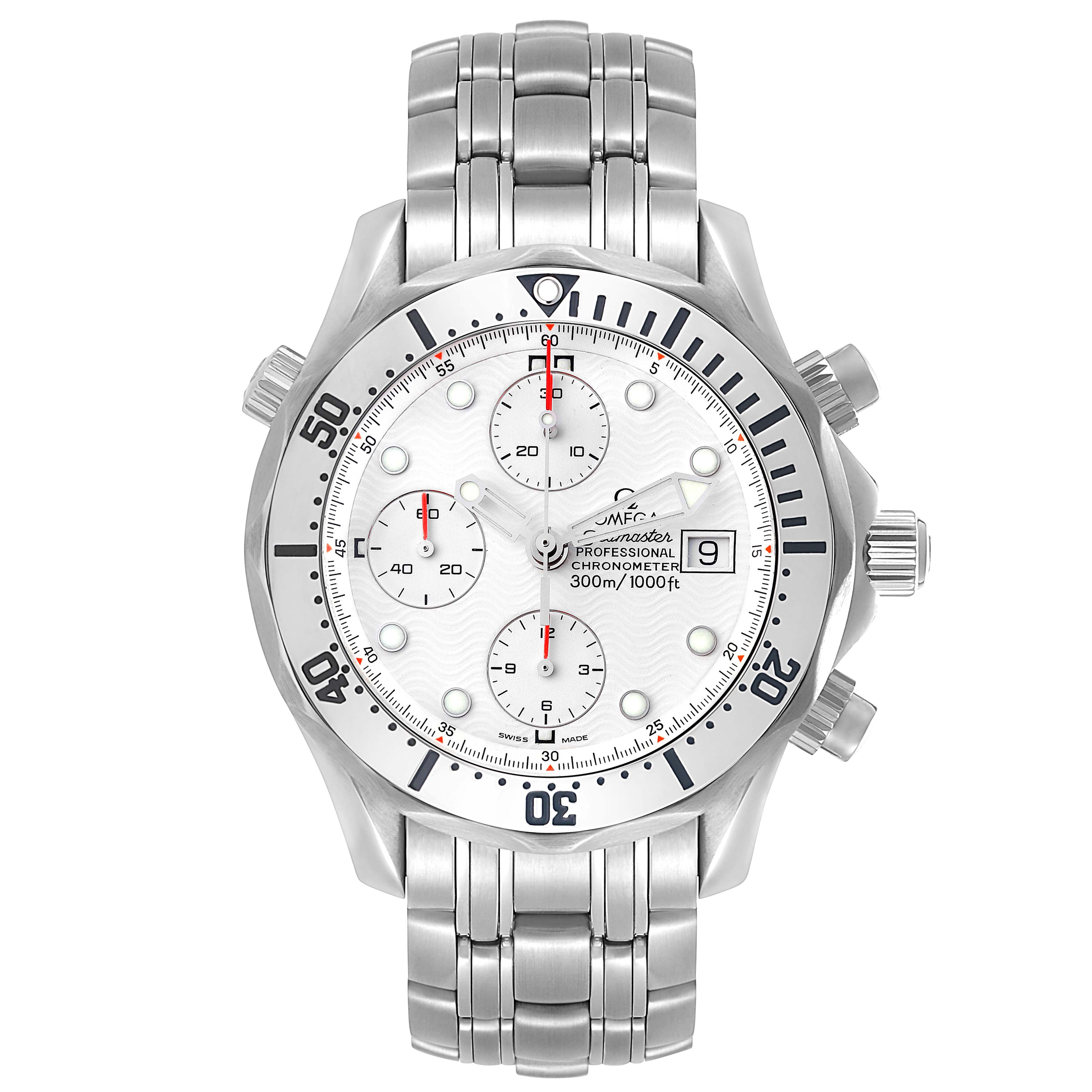 The Omega Seamaster 2598.20.00 Men
s Stainless Steel White Dial watch is shown from a top view, highlighting the face, bezel, subdials, and stainless steel bracelet.