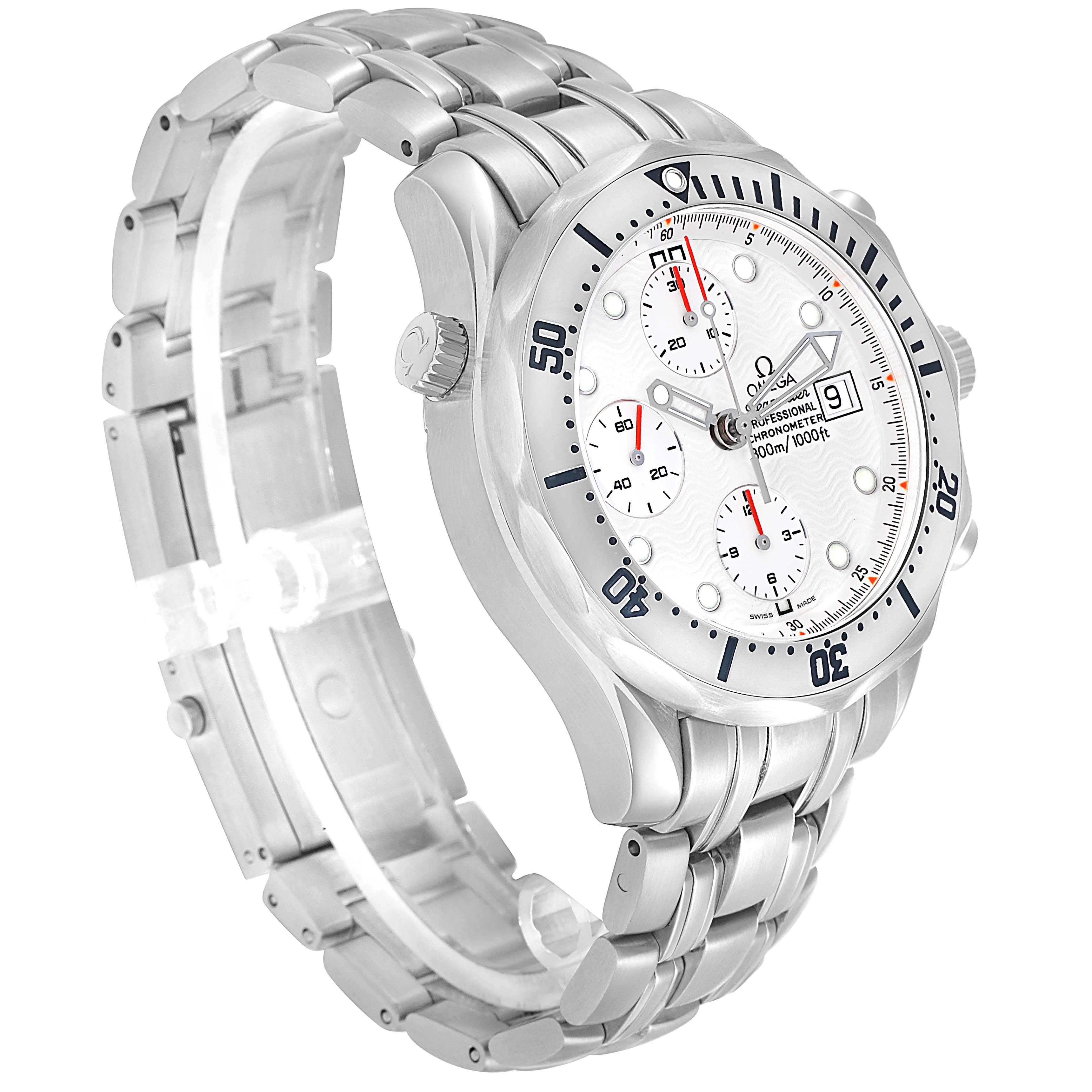 The Omega Seamaster 2598.20.00 Men
s Stainless Steel White Dial watch is displayed at a three-quarter angle, showcasing its stainless steel bracelet, case, and detailed dial.