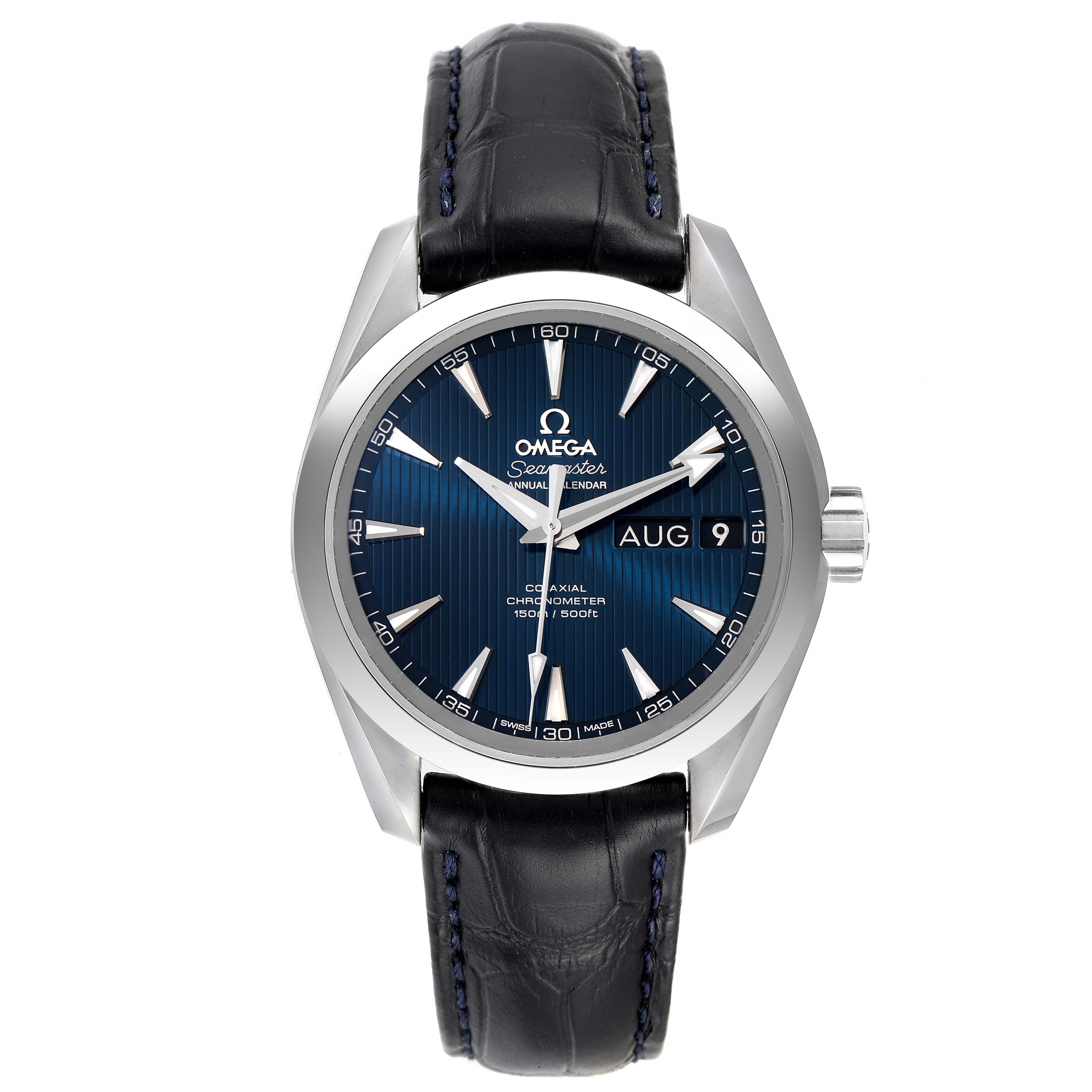 The image shows a front view of the Omega Aqua Terra 231.13.39.22.03.001 Men's Stainless Steel Blue Dial 231.13.39.22.03.001 Men's Stainless Steel Blue Dial watch with a black leather strap and a blue dial displaying the date.