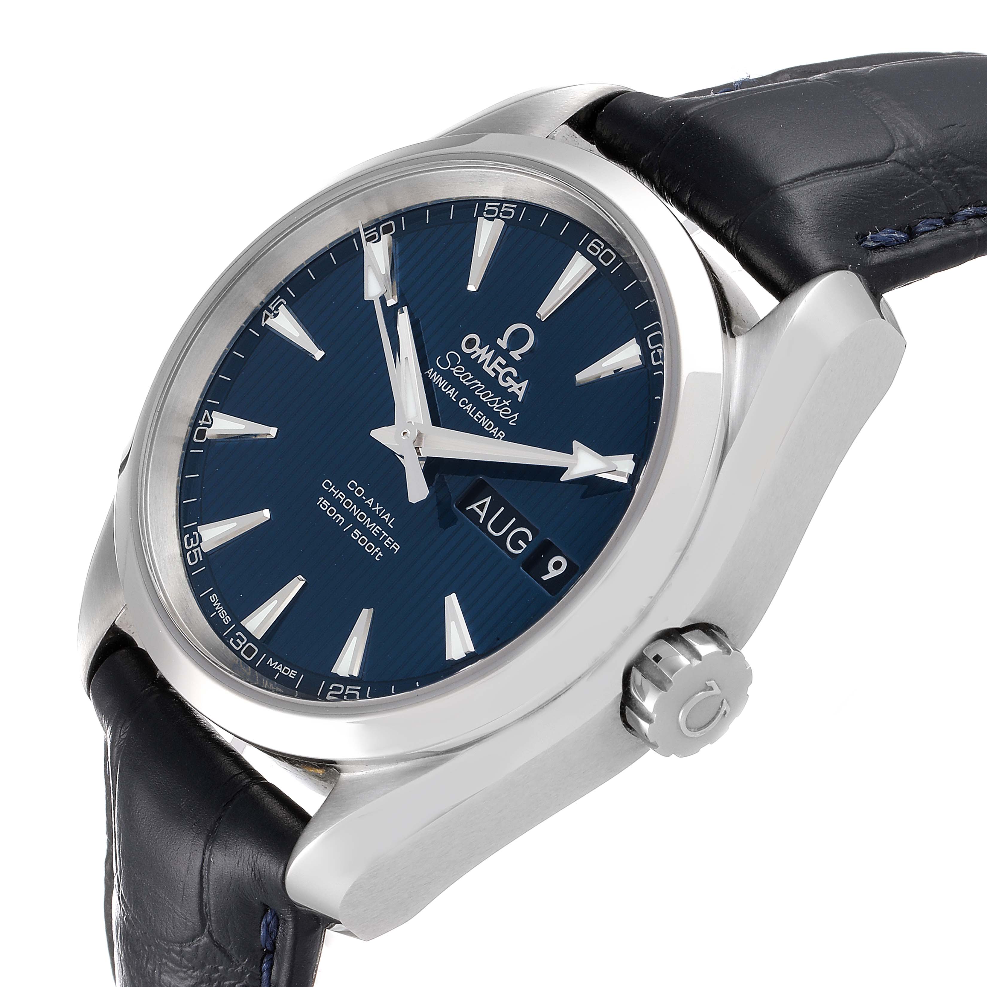 The Omega Aqua Terra 231.13.39.22.03.001 Men's Stainless Steel Blue Dial 231.13.39.22.03.001 Men's Stainless Steel Blue Dial watch is shown at an angled side view, displaying the face, crown, and part of the leather band.