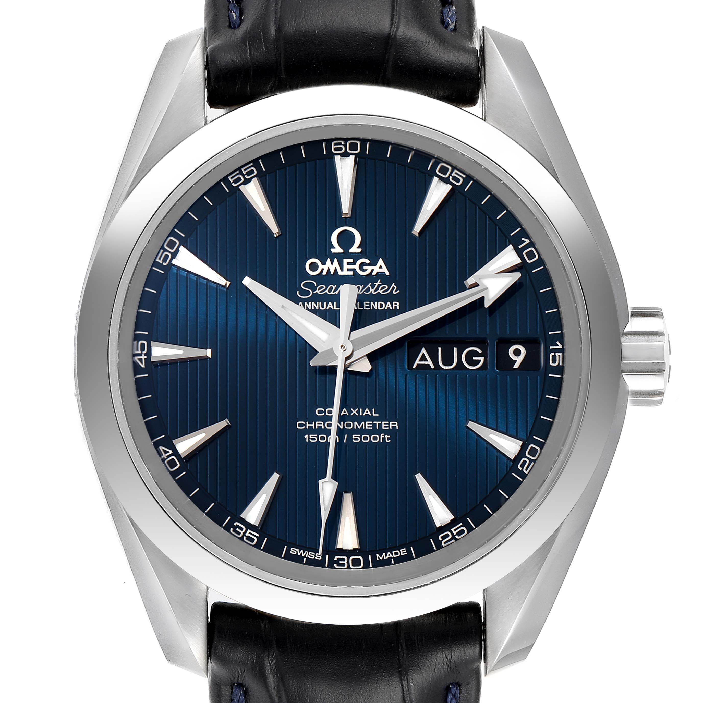 The image shows a frontal view of the Omega Aqua Terra 231.13.39.22.03.001 Men's Stainless Steel Blue Dial 231.13.39.22.03.001 Men's Stainless Steel Blue Dial watch, highlighting the dial, hands, and date display.