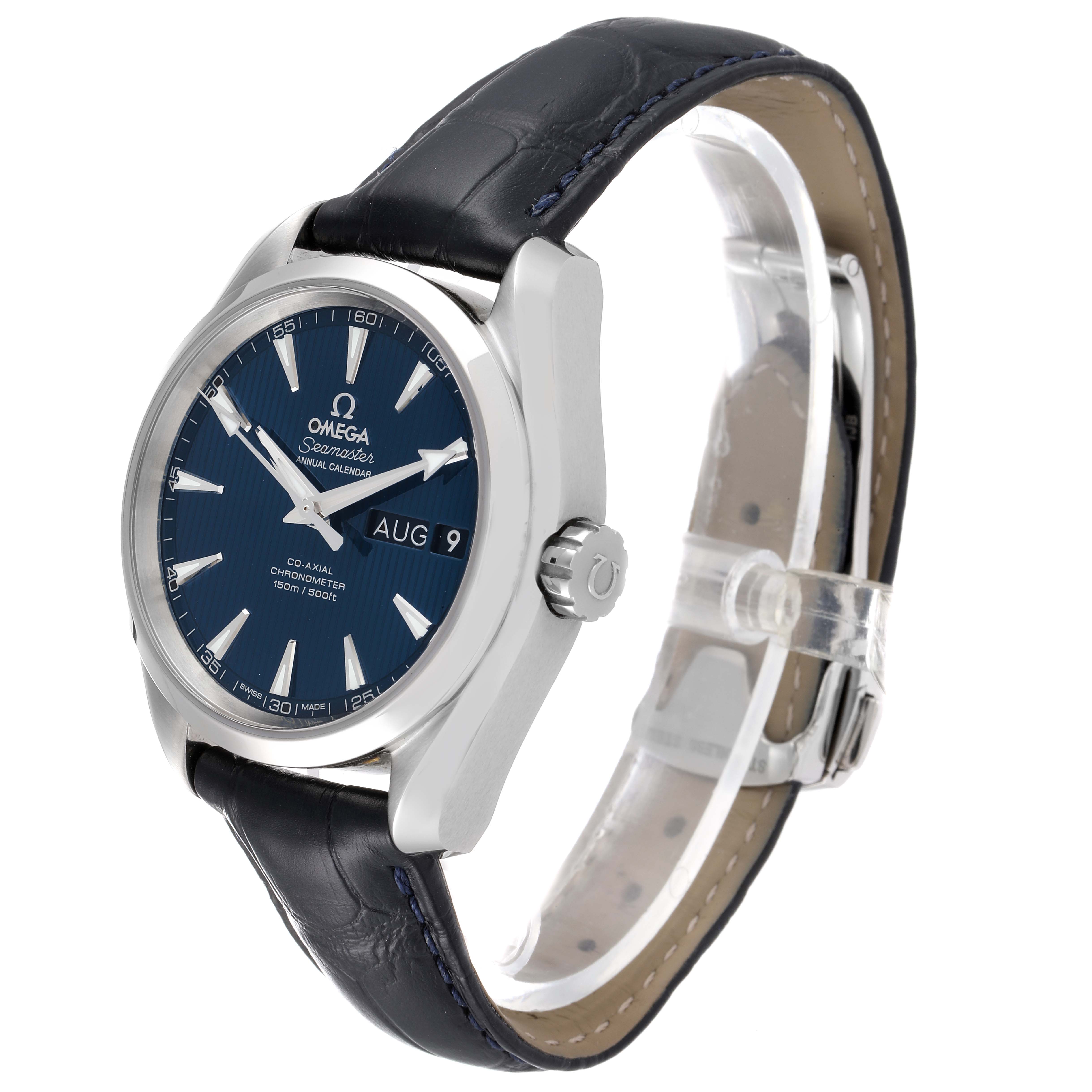 This image shows the Omega Aqua Terra 231.13.39.22.03.001 Men's Stainless Steel Blue Dial 231.13.39.22.03.001 Men's Stainless Steel Blue Dial watch from a side angle, highlighting the face, case, crown, and leather strap.