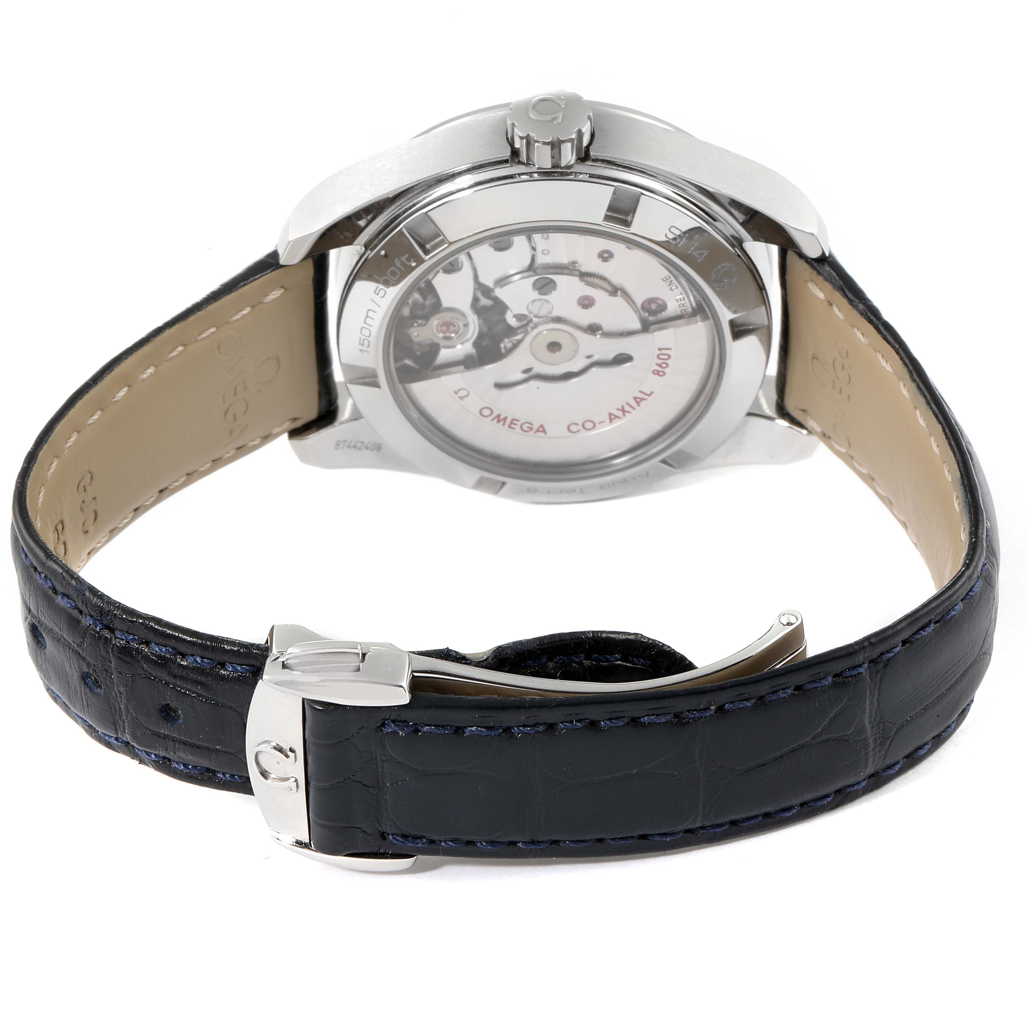 This image shows the back view of an Omega Aqua Terra 231.13.39.22.03.001 Men's Stainless Steel Blue Dial 231.13.39.22.03.001 Men's Stainless Steel Blue Dial watch, highlighting its transparent case back and leather strap.