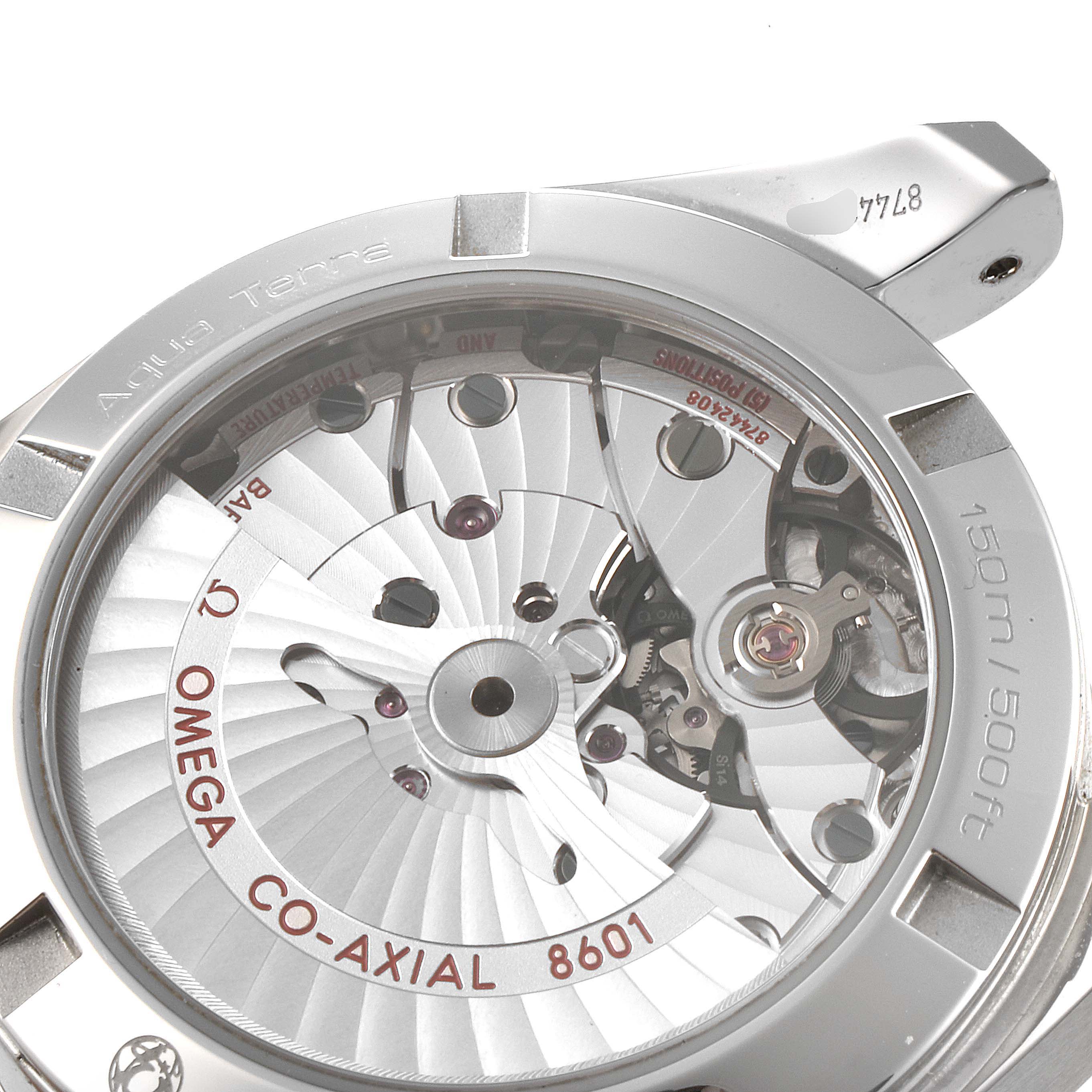 The image shows the back of an Omega Aqua Terra 231.13.39.22.03.001 Men's Stainless Steel Blue Dial 231.13.39.22.03.001 Men's Stainless Steel Blue Dial watch, revealing the intricate workings and co-axial movement.