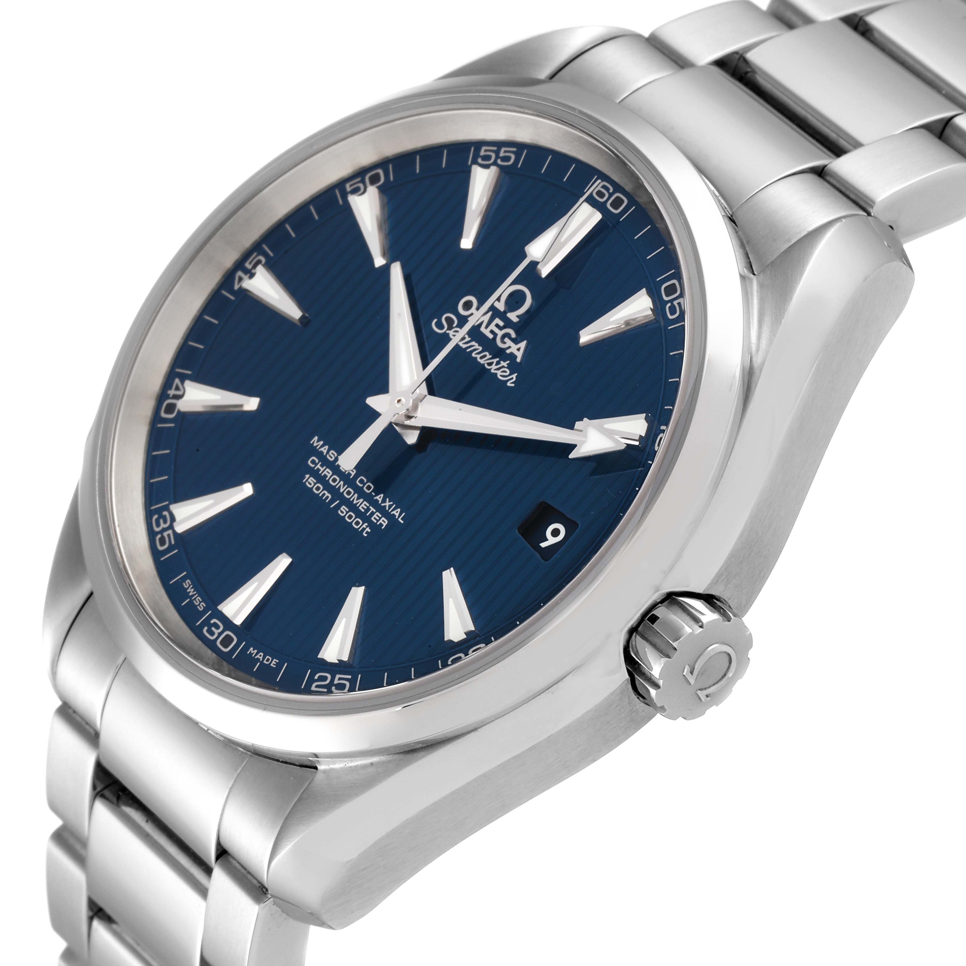 The Omega Aqua Terra 231.10.42.21.03.003 Men's Stainless Steel Blue Dial 231.10.42.21.03.003 Men's Stainless Steel Blue Dial watch is shown at a slight angle, highlighting the dial, crown, and metal bracelet.