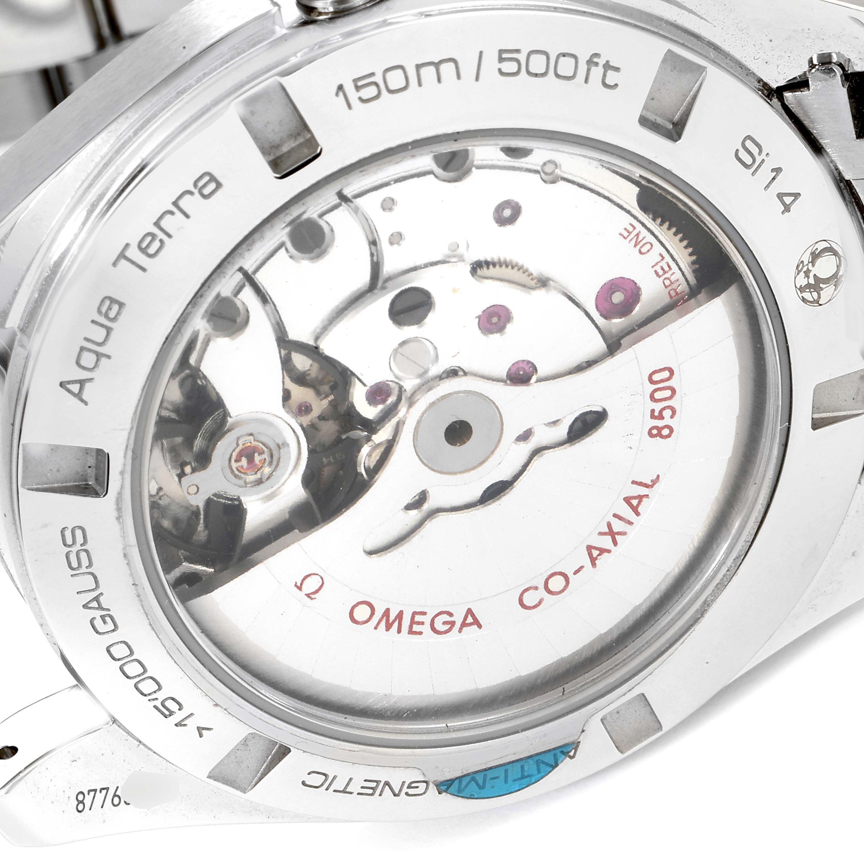 This image shows the back of the Omega Aqua Terra 231.10.42.21.03.003 Men's Stainless Steel Blue Dial 231.10.42.21.03.003 Men's Stainless Steel Blue Dial watch, highlighting the inner movement with "CO-AXIAL 8500" and "15000 GAUSS."