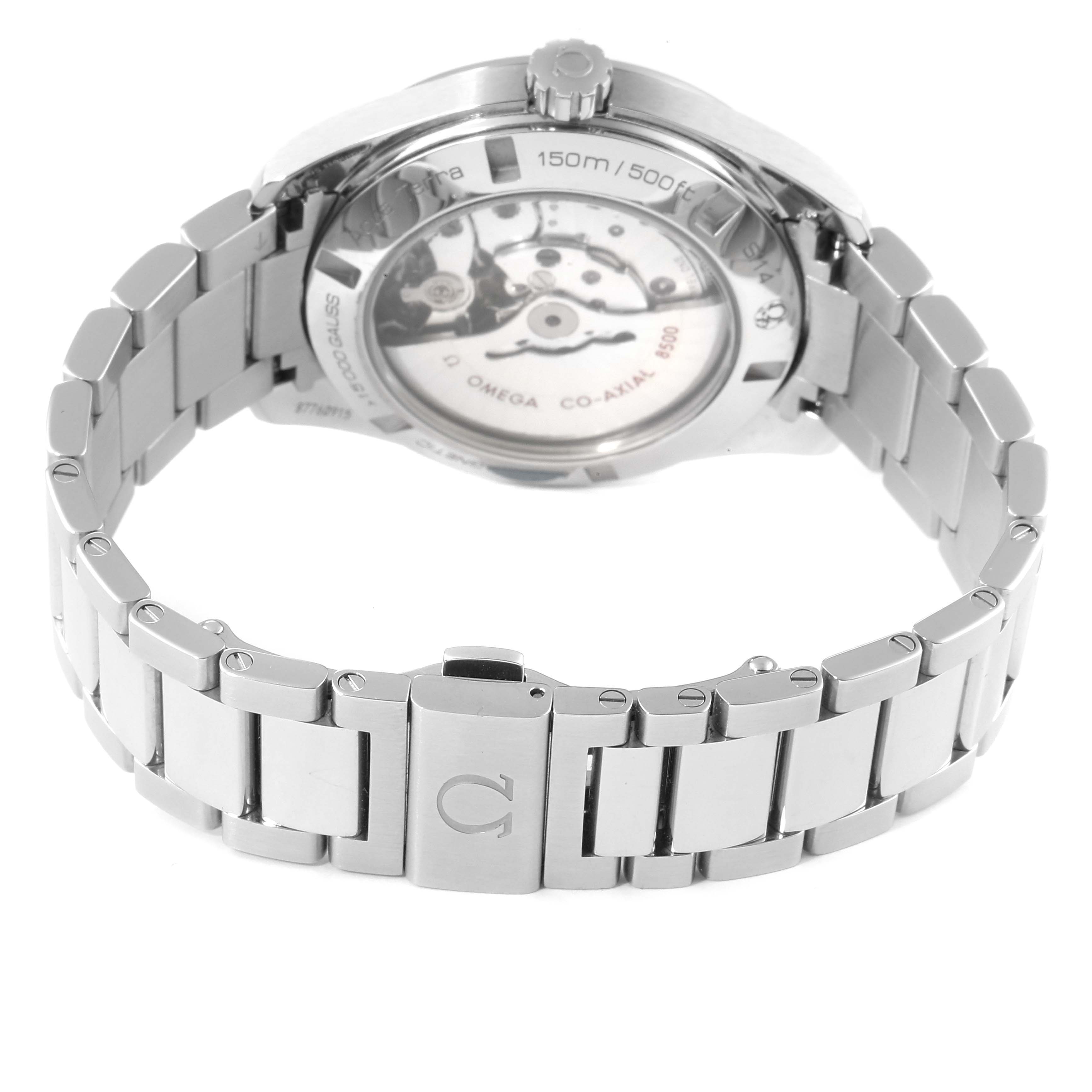 The image shows the back view of the Omega Aqua Terra 231.10.42.21.03.003 Men's Stainless Steel Blue Dial 231.10.42.21.03.003 Men's Stainless Steel Blue Dial watch, highlighting the movement and stainless steel bracelet.