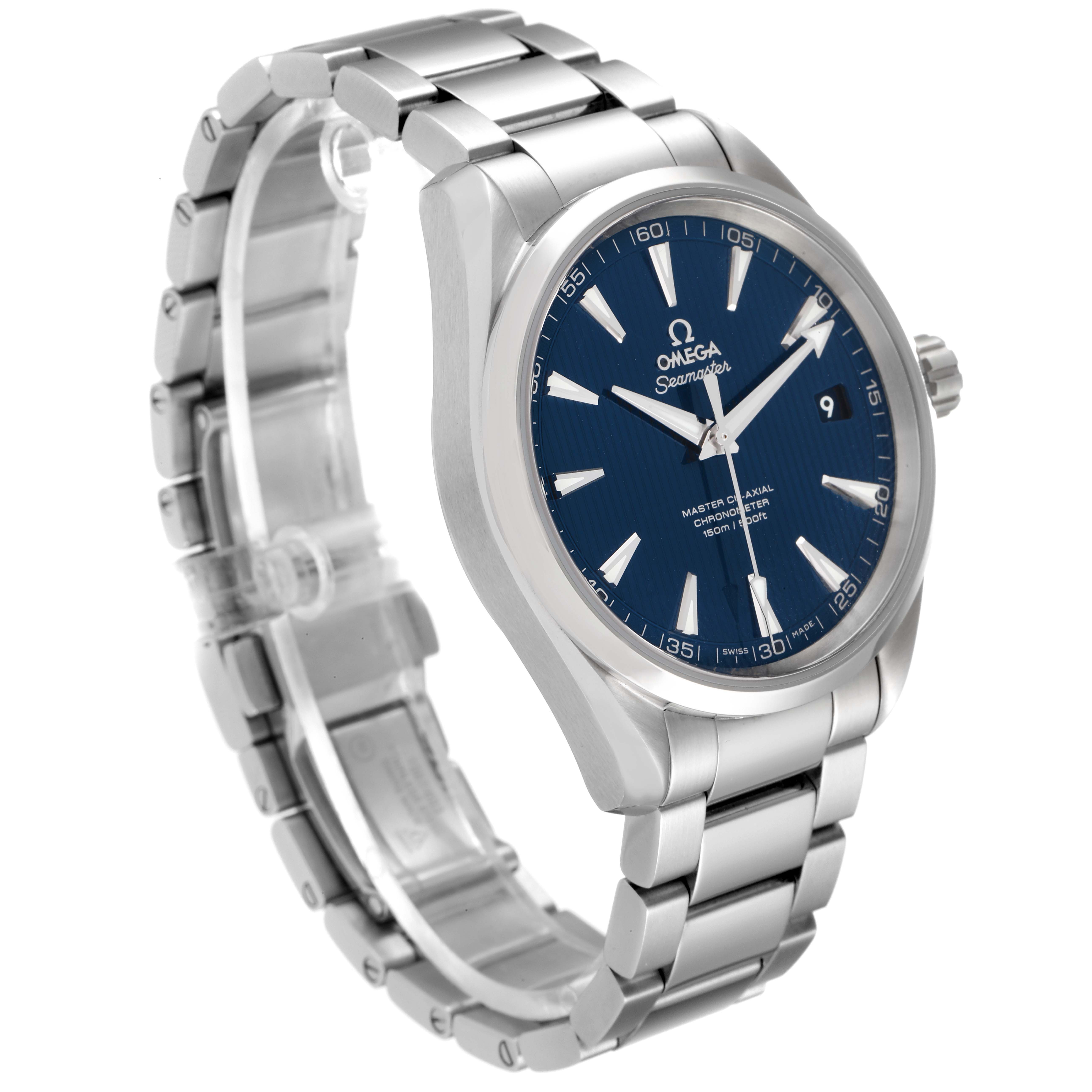 The image shows an Omega Aqua Terra 231.10.42.21.03.003 Men's Stainless Steel Blue Dial 231.10.42.21.03.003 Men's Stainless Steel Blue Dial watch at a three-quarter angle, highlighting the face, bezel, and part of the bracelet.