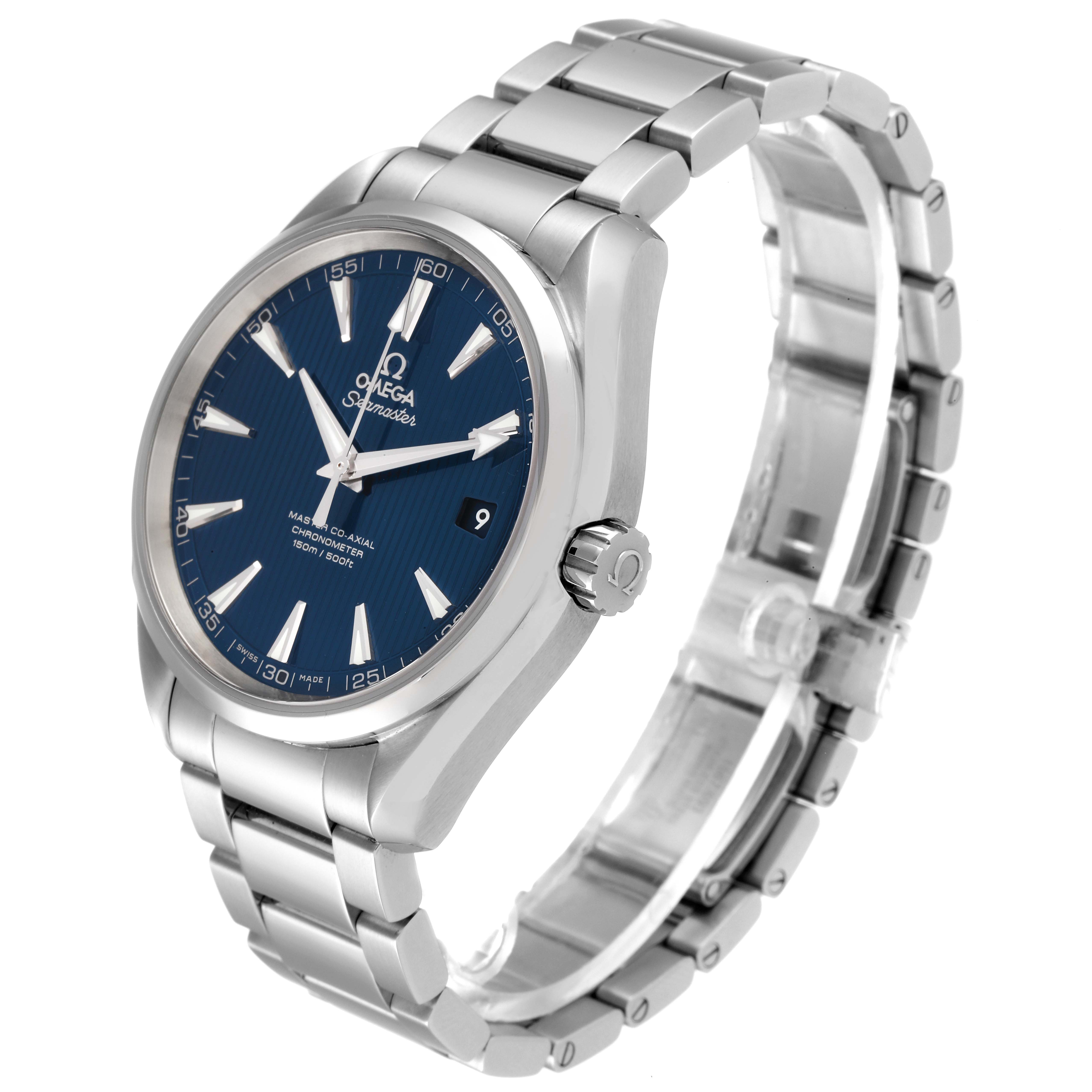 The Omega Aqua Terra 231.10.42.21.03.003 Men's Stainless Steel Blue Dial 231.10.42.21.03.003 Men's Stainless Steel Blue Dial watch is shown at a three-quarter angle, displaying the face, crown, and bracelet.