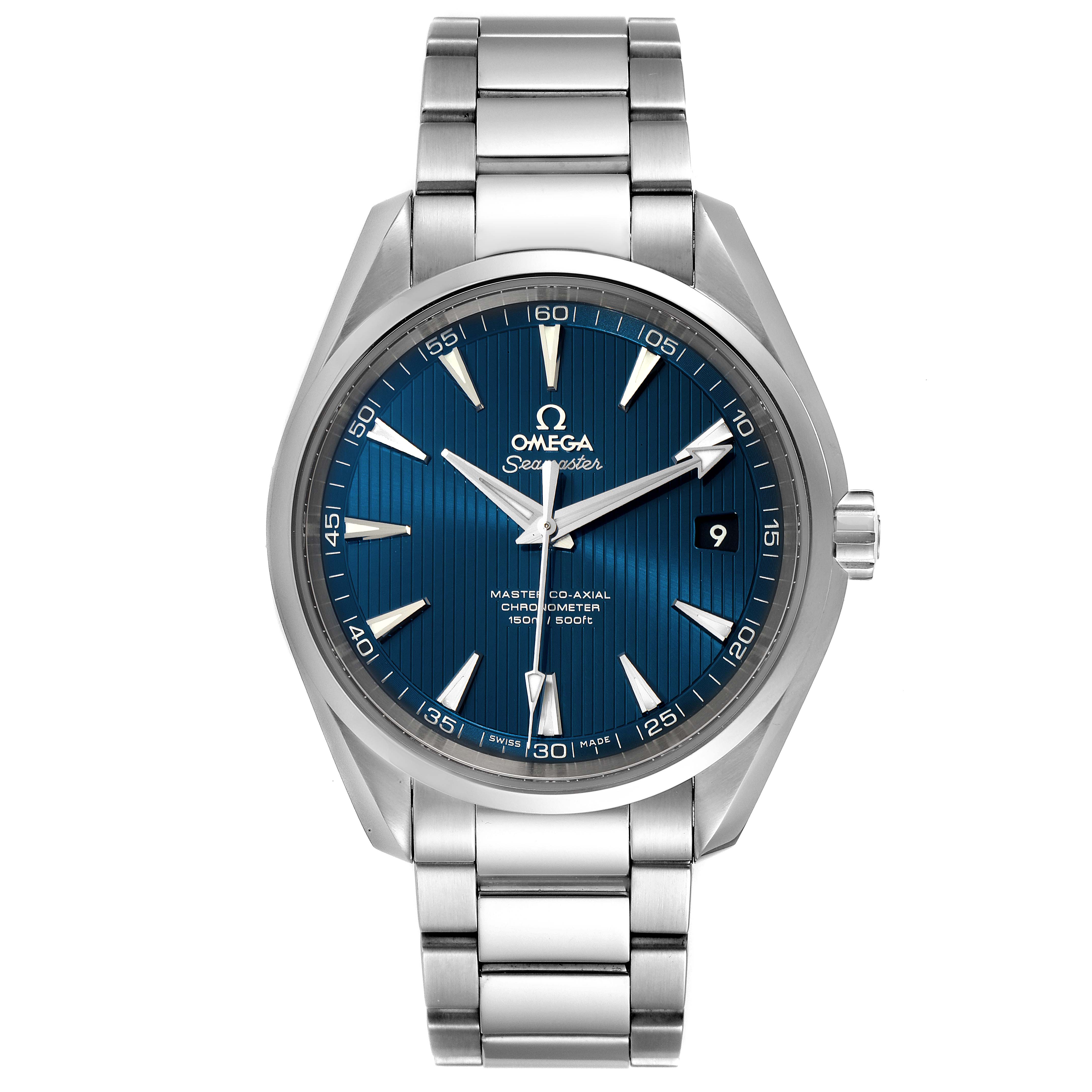 The Omega Aqua Terra 231.10.42.21.03.003 Men's Stainless Steel Blue Dial 231.10.42.21.03.003 Men's Stainless Steel Blue Dial watch is shown from the front, displaying the dial, bezel, case, and bracelet.