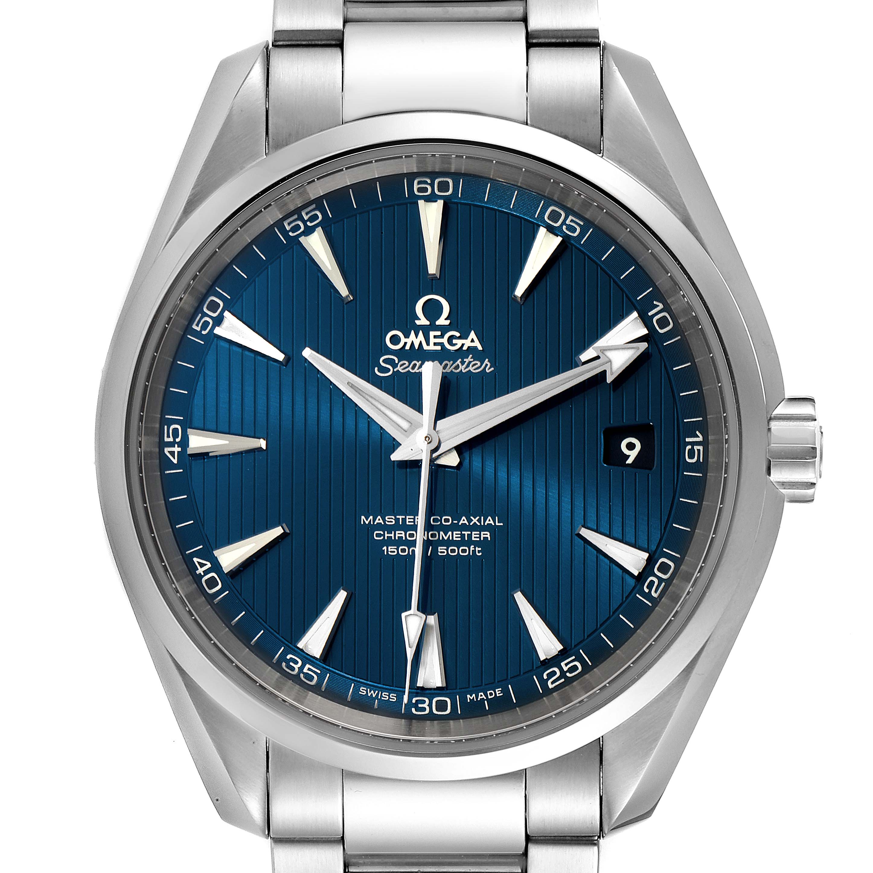 The image shows a front view of the Omega Seamaster Aqua Terra watch, highlighting the dial, bezel, and part of the bracelet.