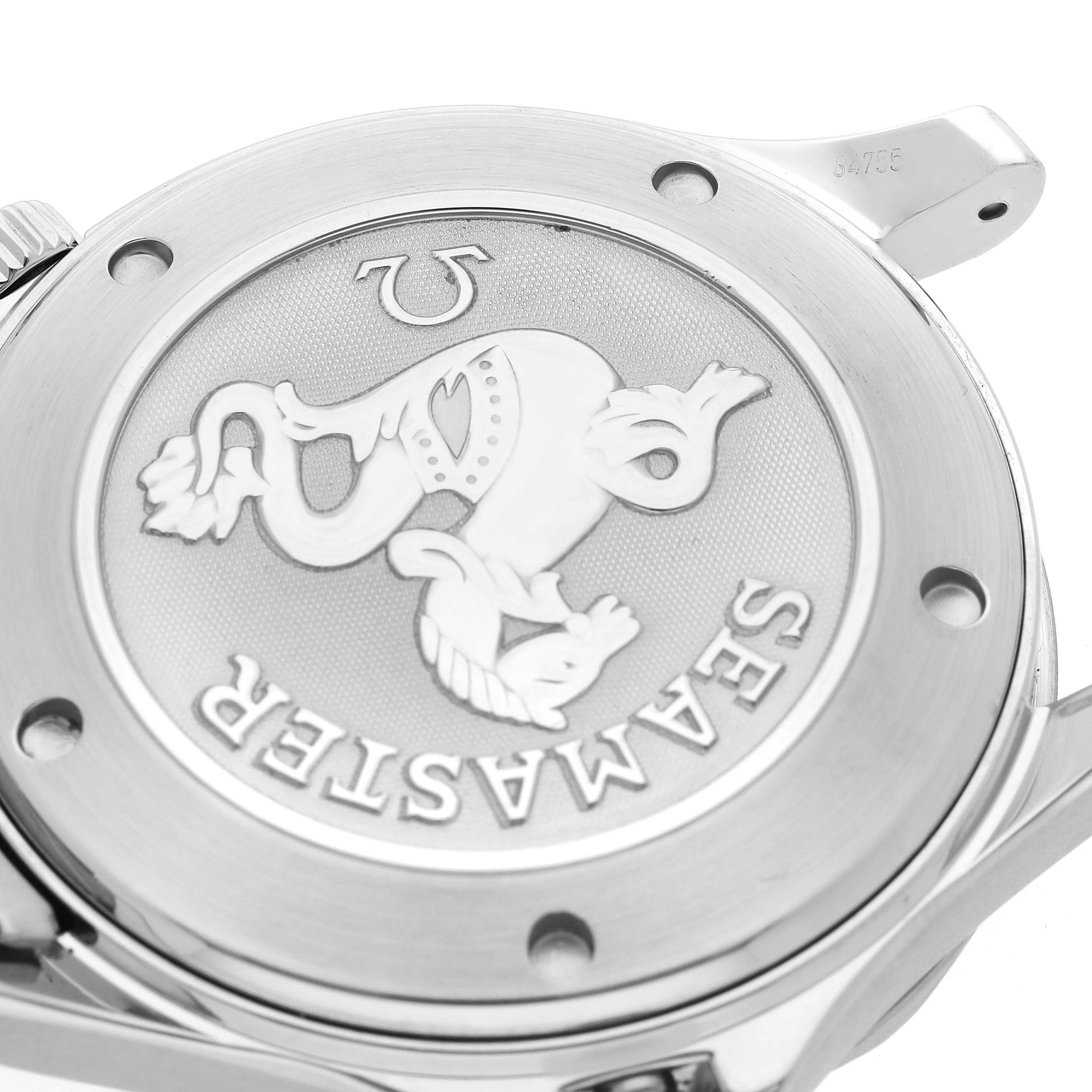 The image shows the intricate back case of the Omega Seamaster 212.30.41.20.01.002 Men
s Stainless Steel Black Dial watch, displaying its logo and text.