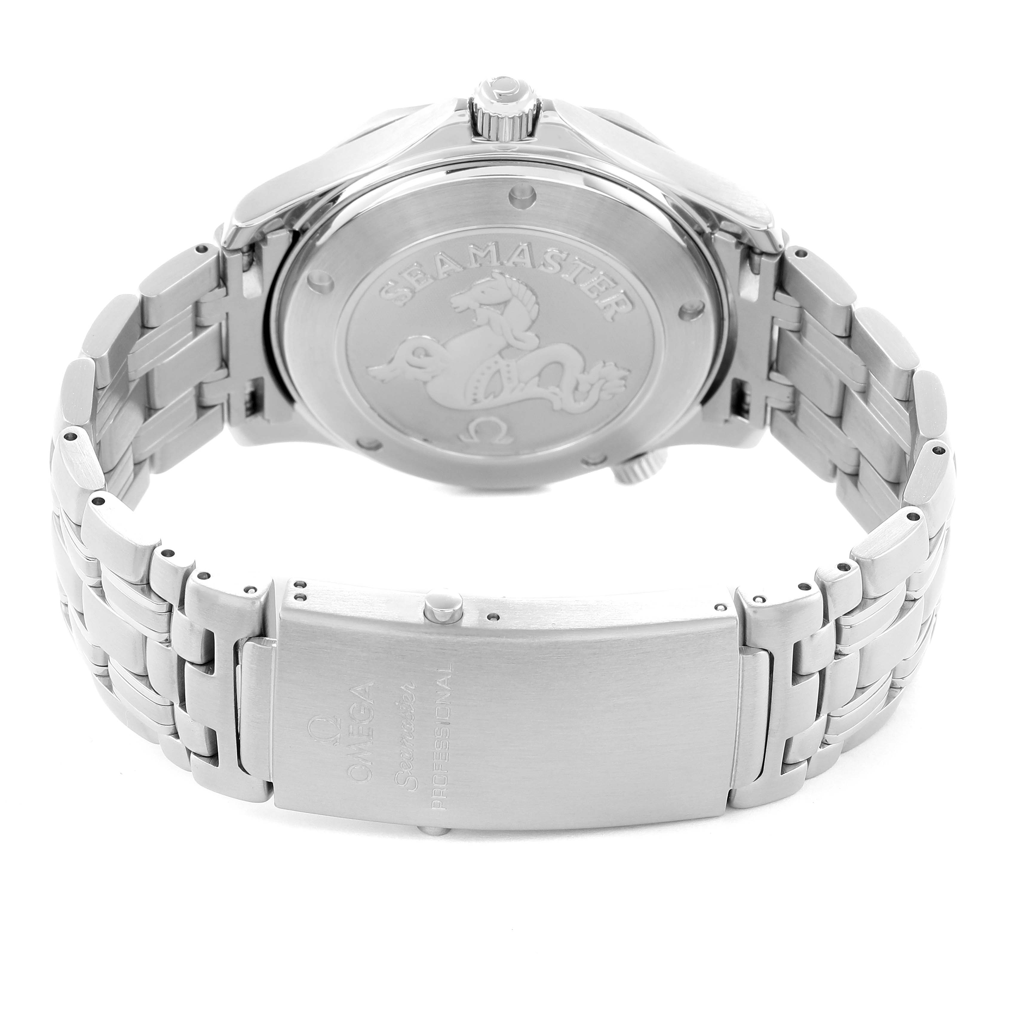 The image shows the back casing and bracelet clasp of an Omega Seamaster 212.30.41.20.01.002 Men
s Stainless Steel Black Dial watch from a rear angle.