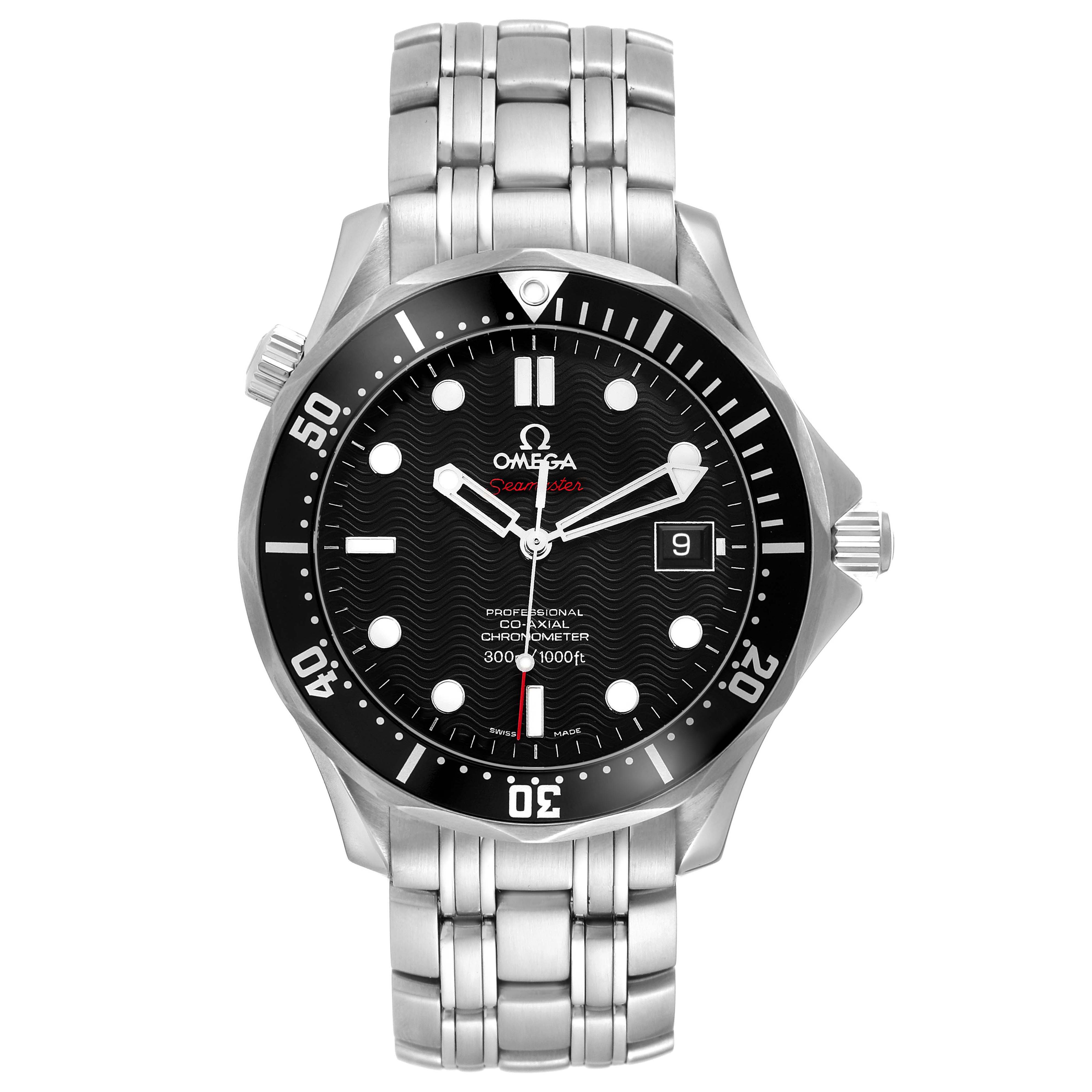 The image shows an Omega Seamaster 212.30.41.20.01.002 Men
s Stainless Steel Black Dial watch from a front angle, highlighting the dial, bezel, bracelet, and crown.