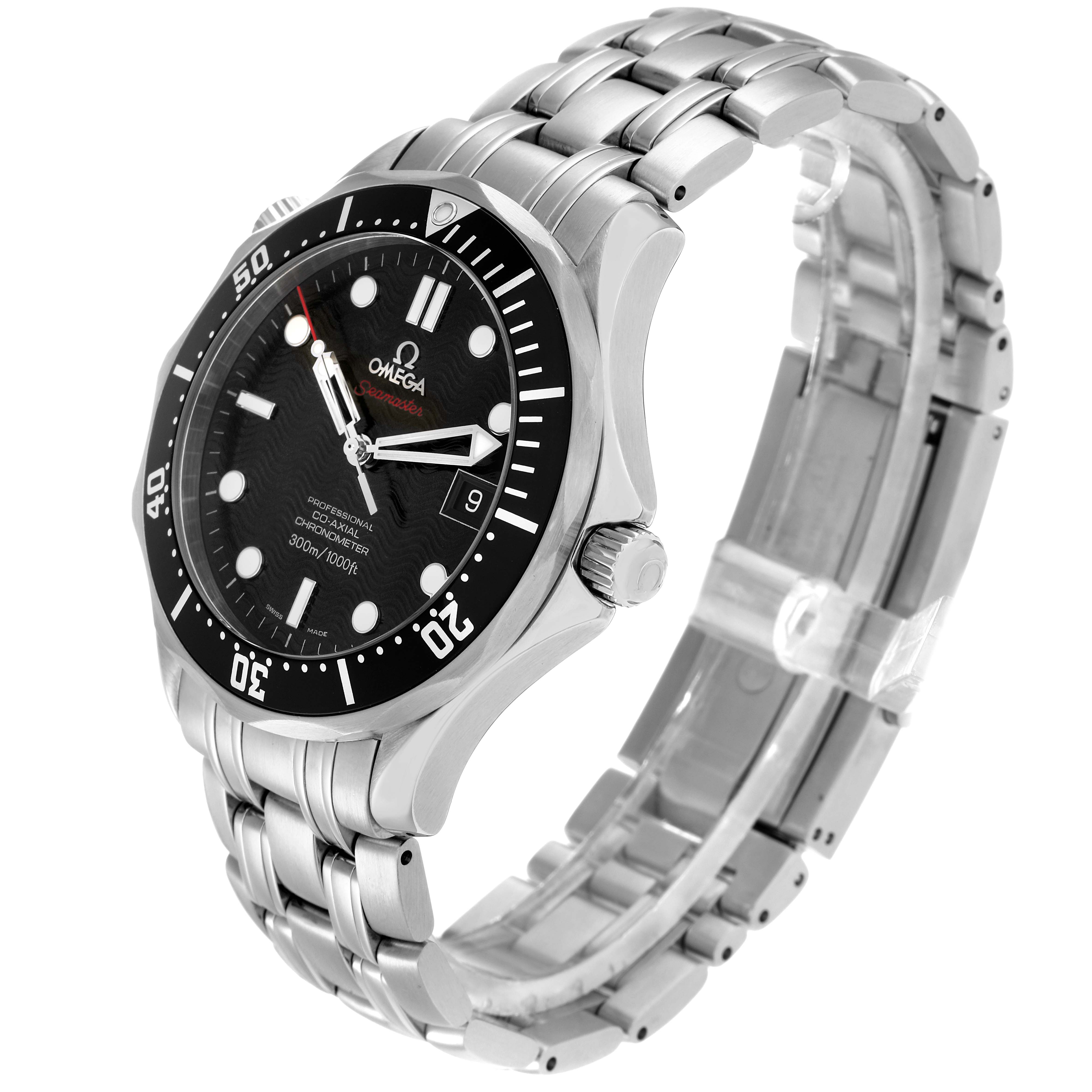 The image shows an Omega Seamaster 212.30.41.20.01.002 Men
s Stainless Steel Black Dial watch at a three-quarter angle, highlighting the dial, bezel, crown, and metal bracelet.