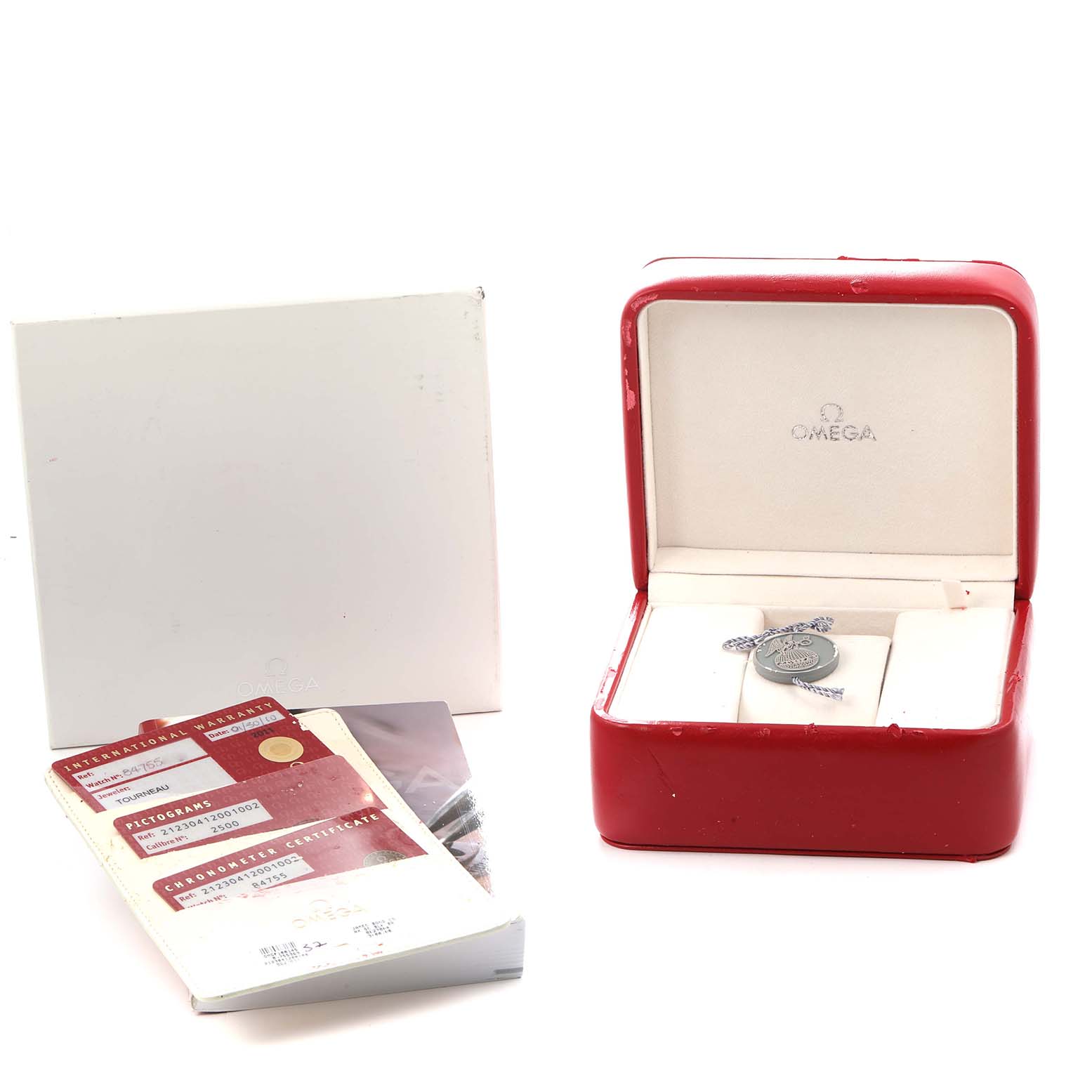 The image shows an Omega Seamaster 212.30.41.20.01.002 Men
s Stainless Steel Black Dial set with a red display box, papers, and a tag arranged from a front view.