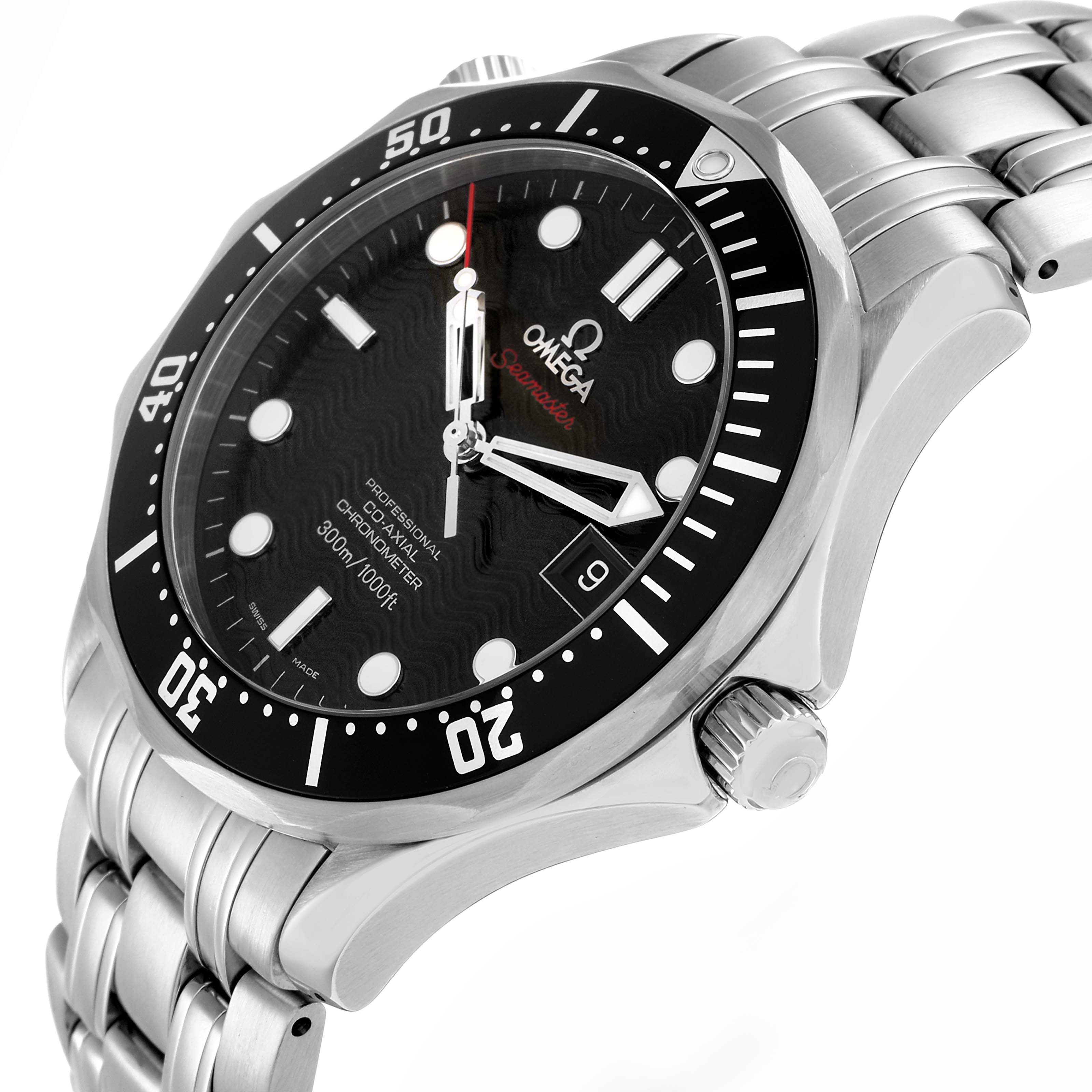 The image shows the Omega Seamaster 212.30.41.20.01.002 Men
s Stainless Steel Black Dial watch from a three-quarter angle, highlighting the face, bezel, crown, and bracelet.