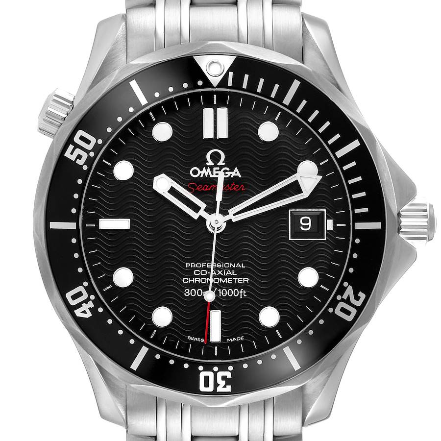 The Omega Seamaster 212.30.41.20.01.002 Men's Stainless Steel Black Dial watch is shown from a frontal angle, displaying the face, bezel, crown, and part of the bracelet.