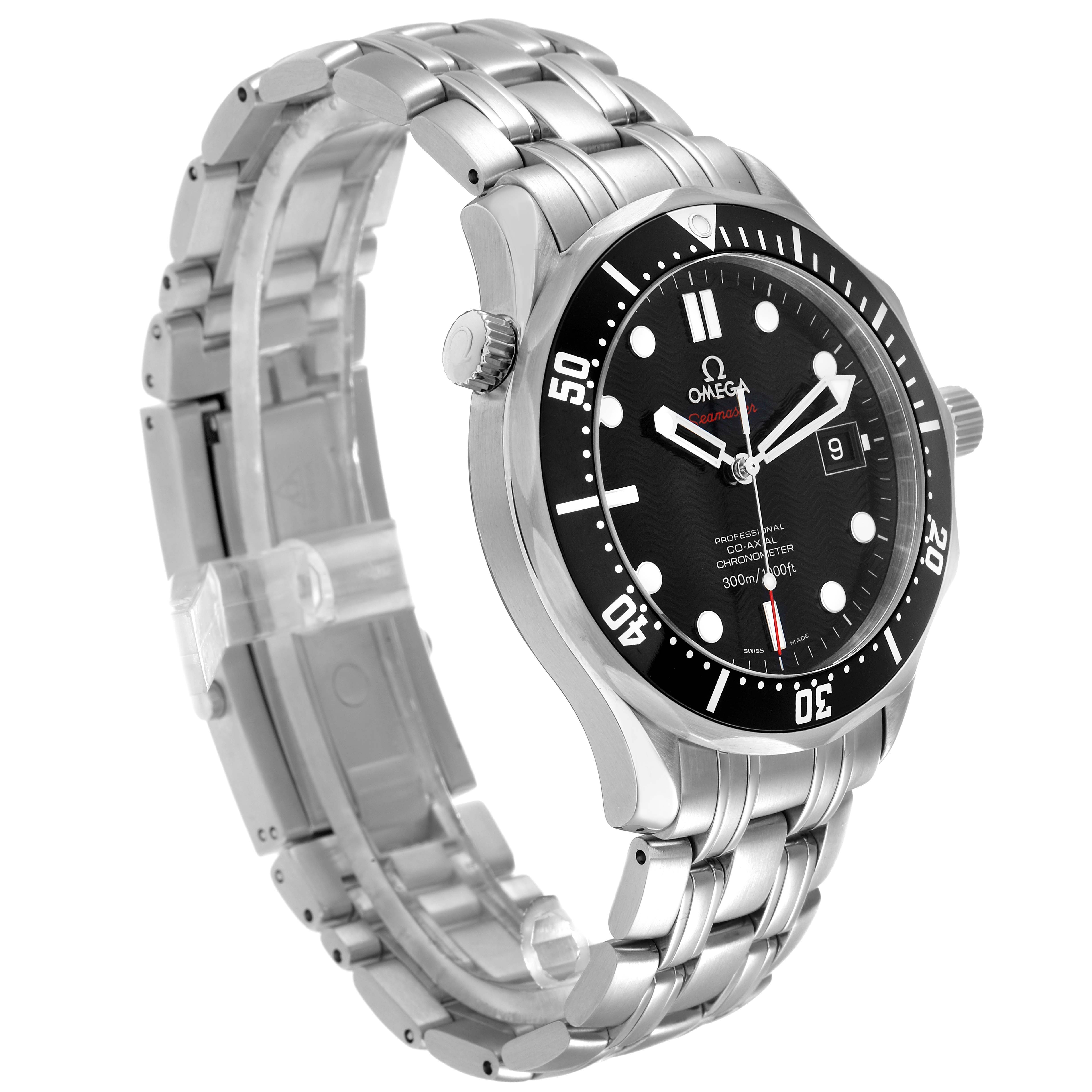 The Omega Seamaster 212.30.41.20.01.002 Men
s Stainless Steel Black Dial watch is shown at a three-quarter angle, displaying the bezel, dial, and stainless steel bracelet.