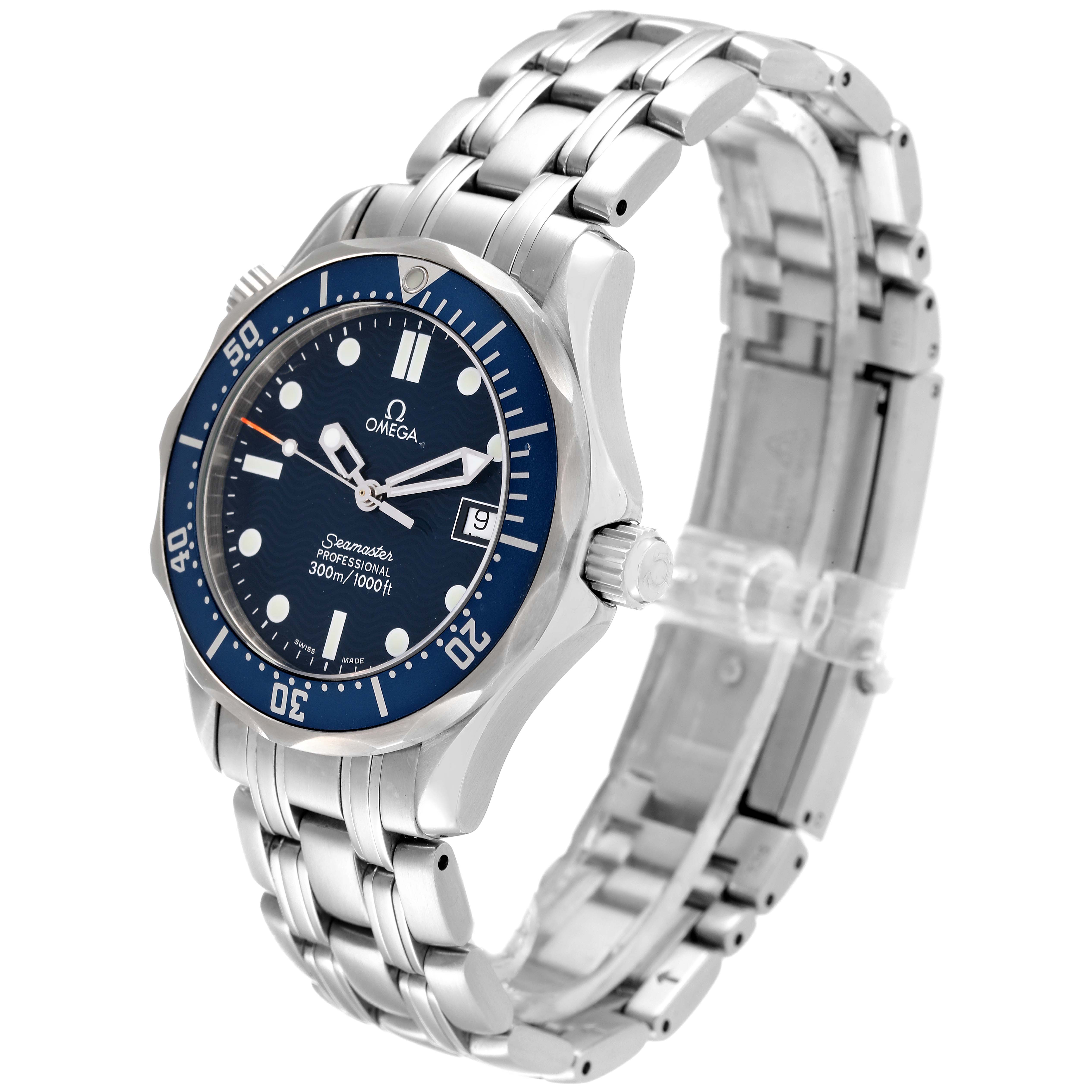 This Omega Seamaster 2561.80.00 Men's Stainless Steel Blue Dial 2561.80.00 Men's Stainless Steel Blue Dial watch is shown at a three-quarter angle, displaying the face, crown, bezel, and metal bracelet.