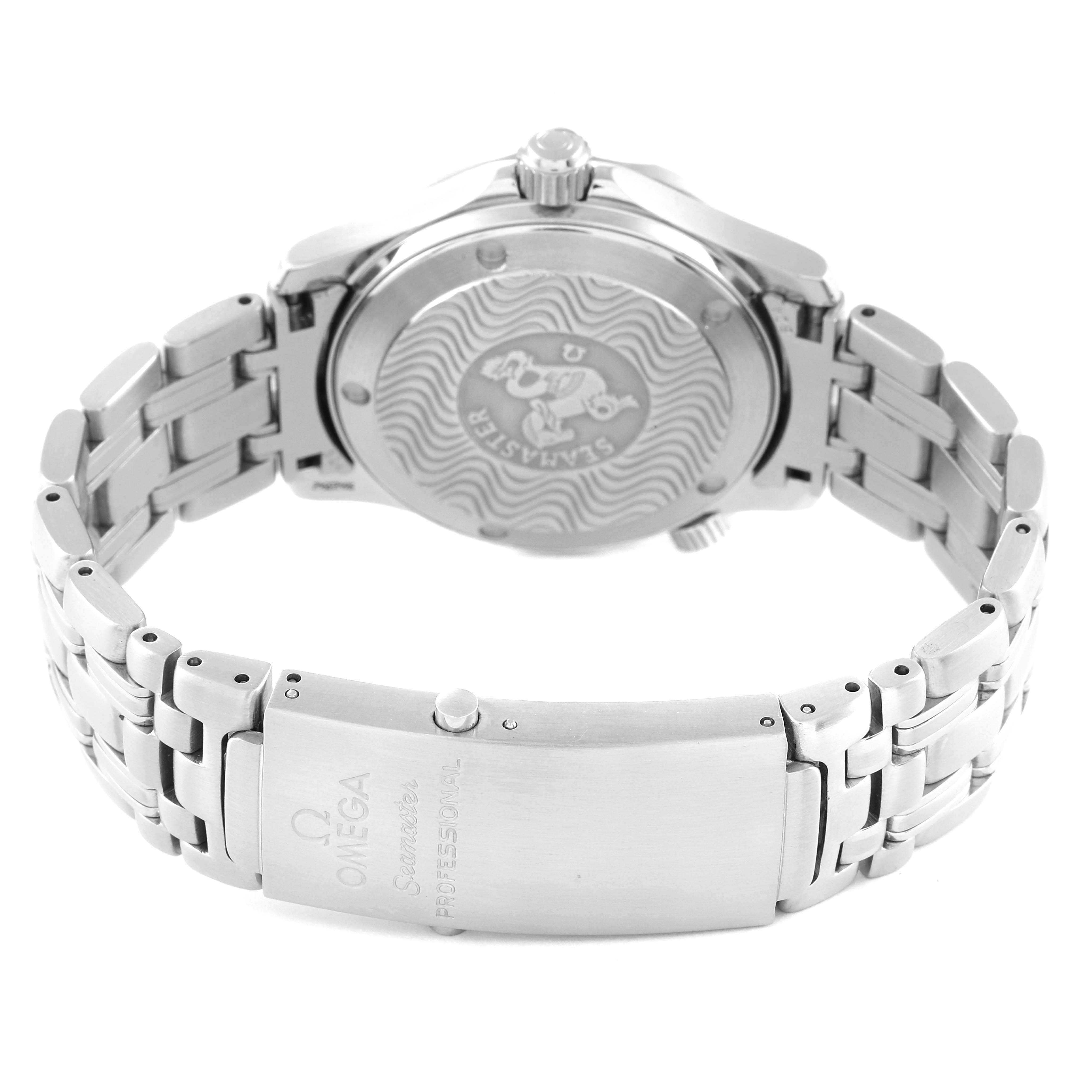 This image shows the back of an Omega Seamaster 2561.80.00 Men's Stainless Steel Blue Dial 2561.80.00 Men's Stainless Steel Blue Dial watch focused on its clasp and case back detailing.