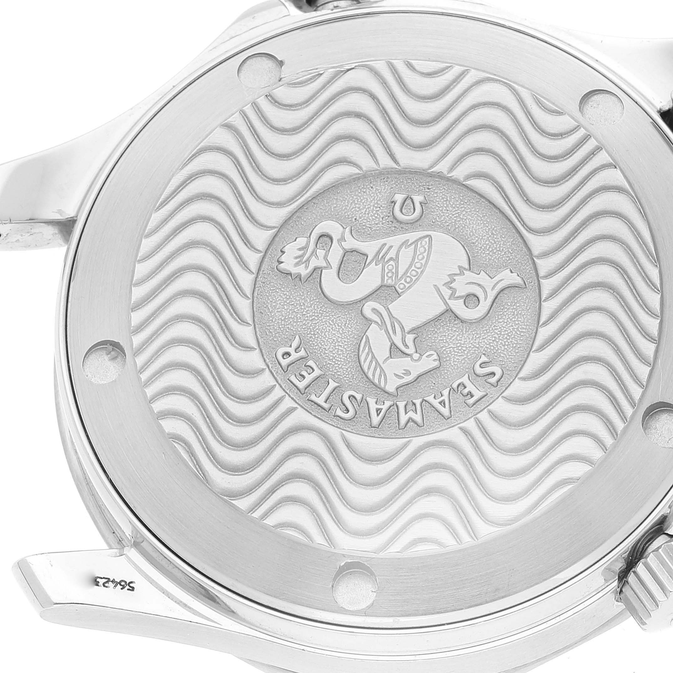 This image shows the case back of the Omega Seamaster 2561.80.00 Men's Stainless Steel Blue Dial 2561.80.00 Men's Stainless Steel Blue Dial watch, highlighting its engraved design and logo.