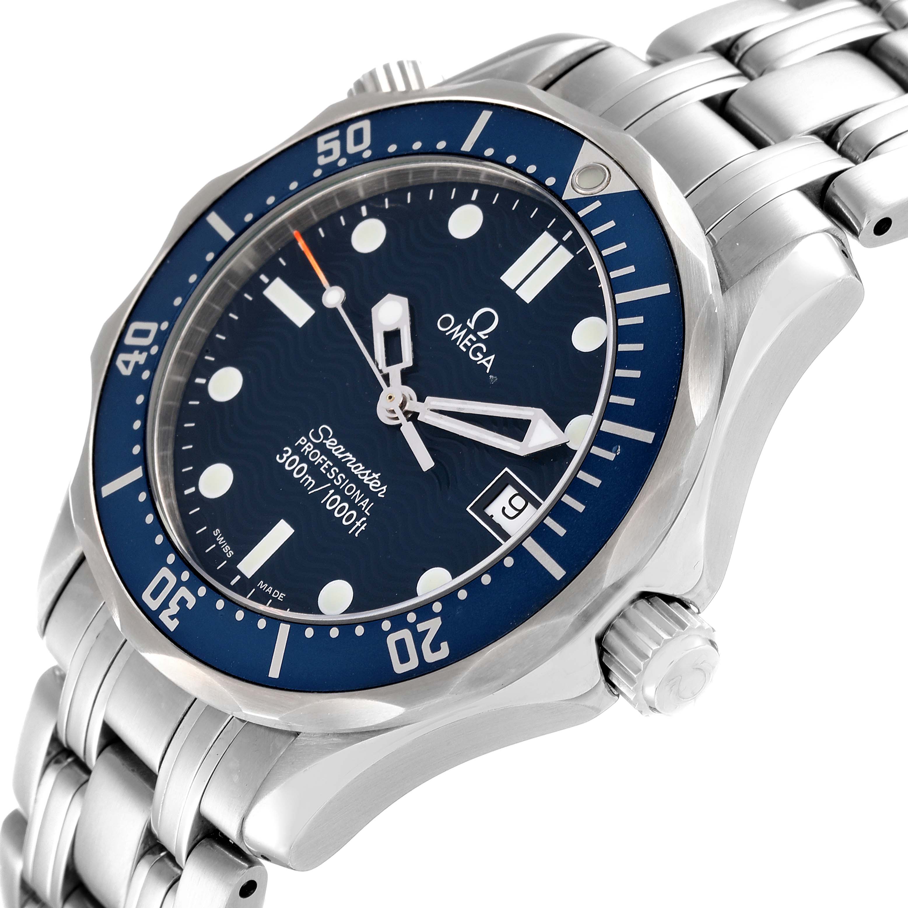 The Omega Seamaster 2561.80.00 Men's Stainless Steel Blue Dial 2561.80.00 Men's Stainless Steel Blue Dial watch is shown at an angle highlighting the face, bezel, and stainless steel bracelet.
